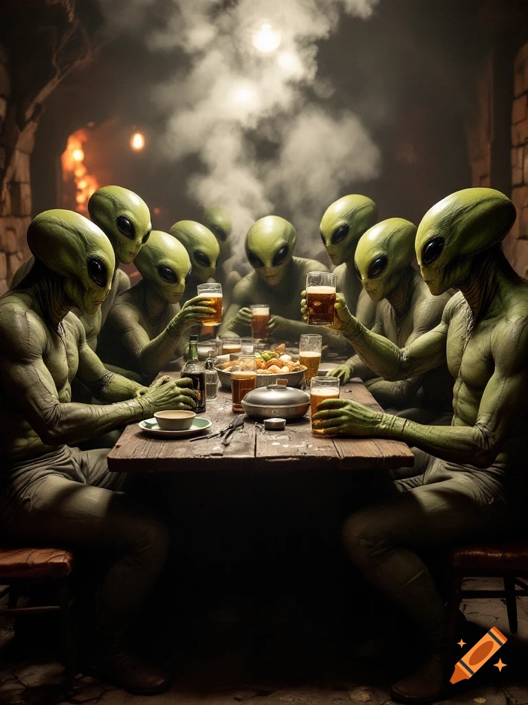 Photorealistic image of a group of green-skinned aliens gathered around a rustic wooden table, drinking beer in a dimly lit, smoky tavern.