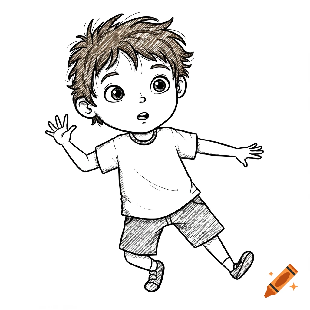 A line art cartoon illustration of a young boy with outstretched arms and a surprised expression.