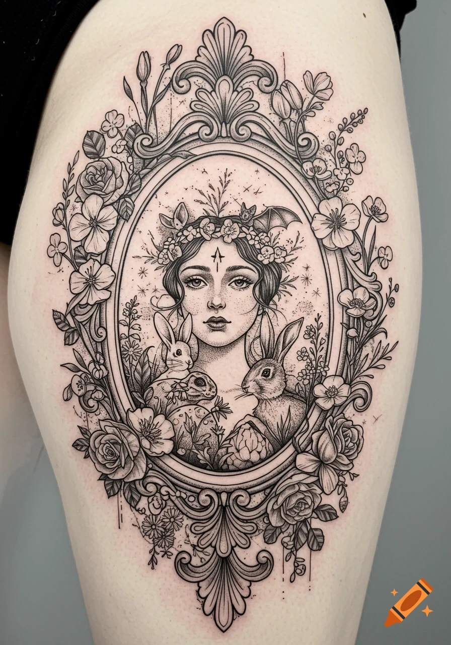 Black and white tattoo of a woman's portrait in an ornate frame with flowers, bunnies, and bats.