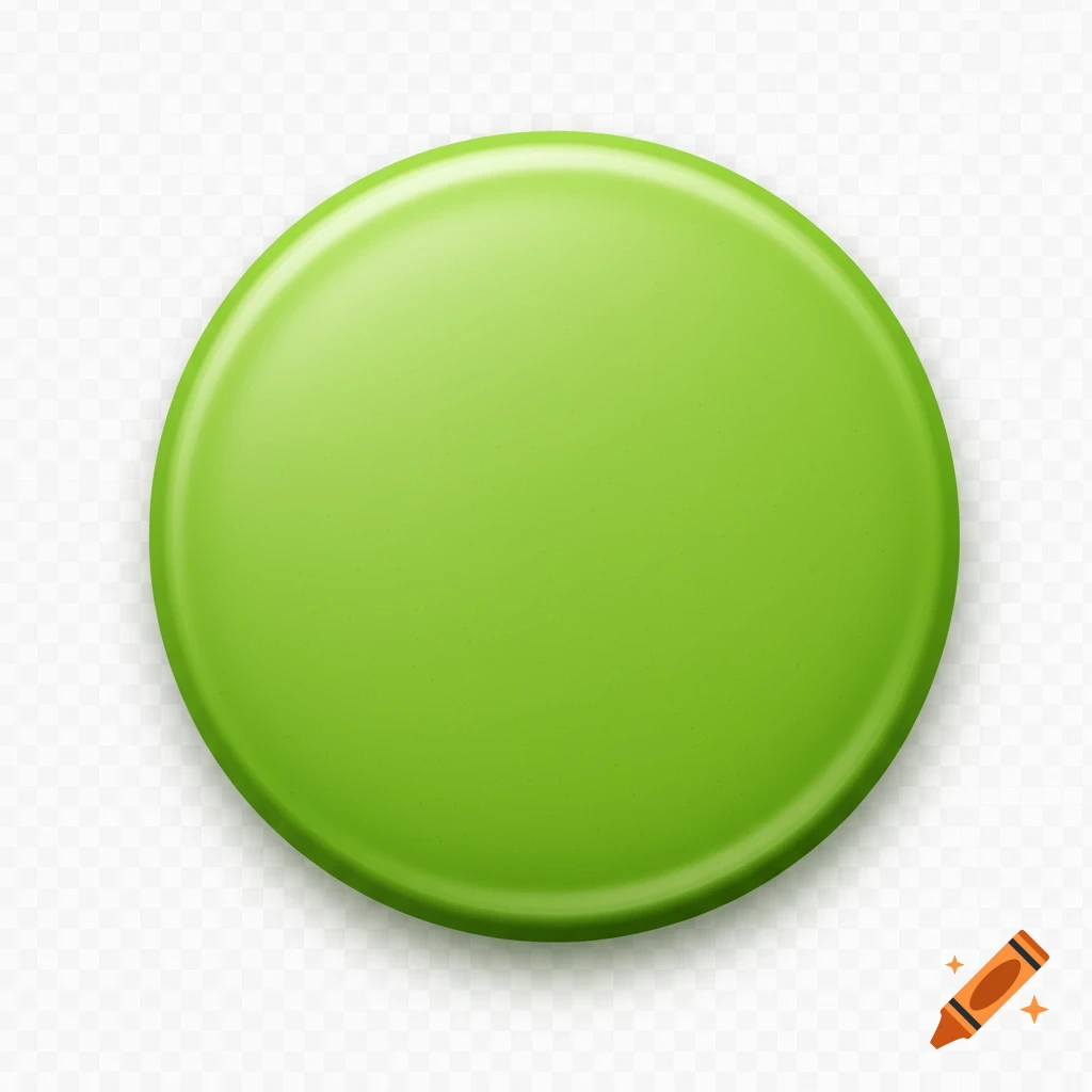 A large, round, glossy green button casting a shadow on a transparent background.