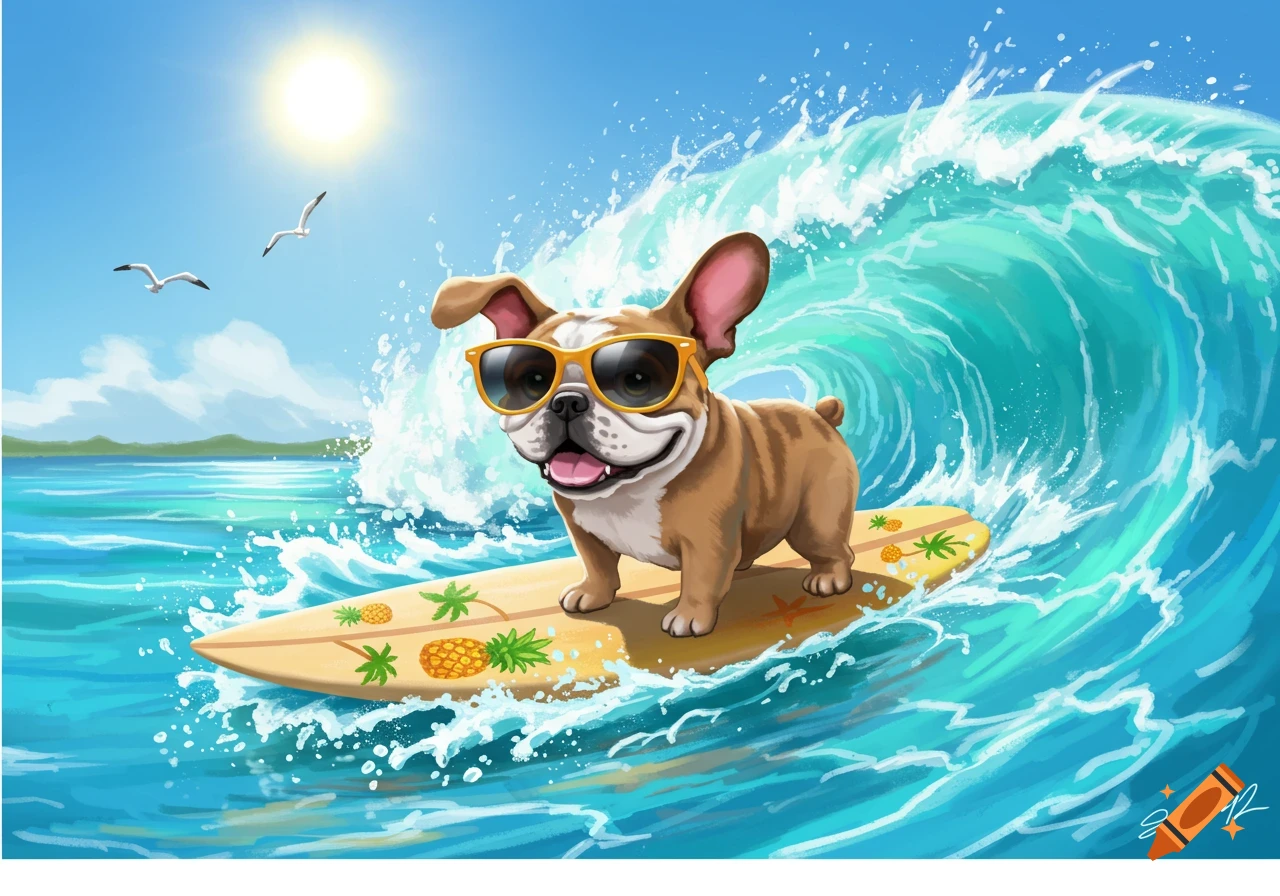A cartoon bulldog wearing yellow sunglasses surfs a large blue wave, with seagulls and a bright sun in the sky.