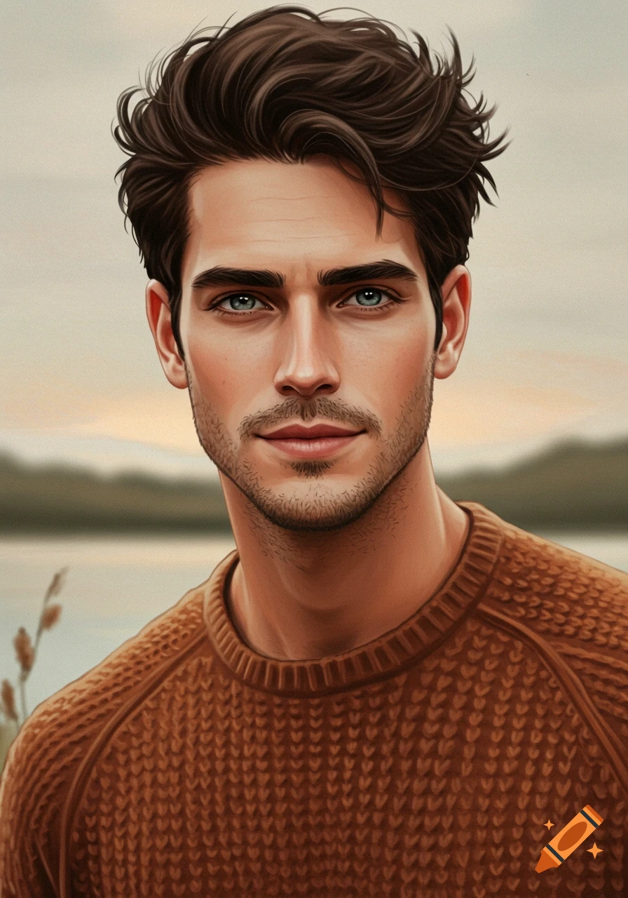 Digital painting of a handsome man with dark hair, blue eyes, and a brown sweater, outdoors with a blurred lake in the background.