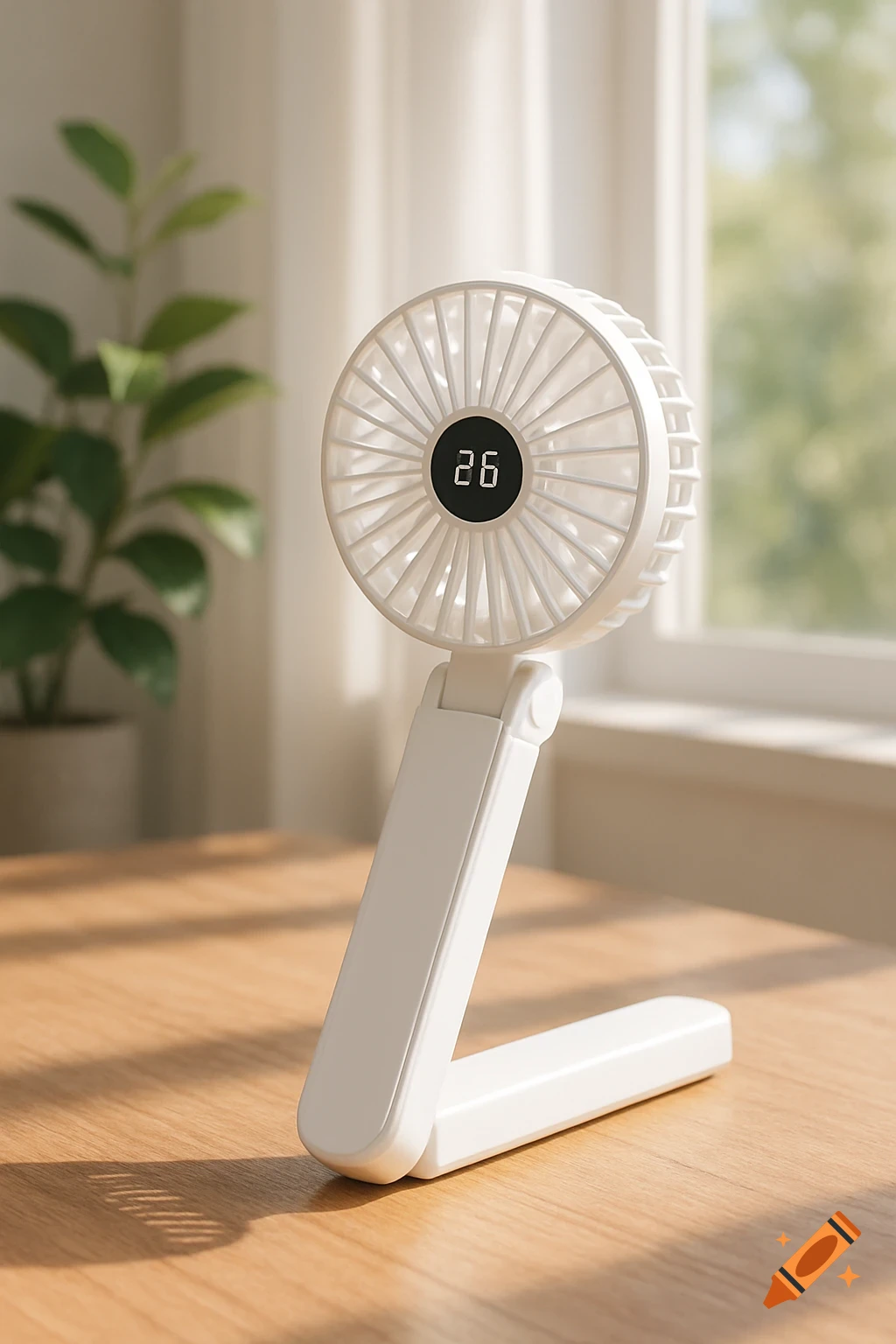 A white, foldable personal fan with a digital display showing '26' on a sunlit wooden table, with a blurred plant and window.