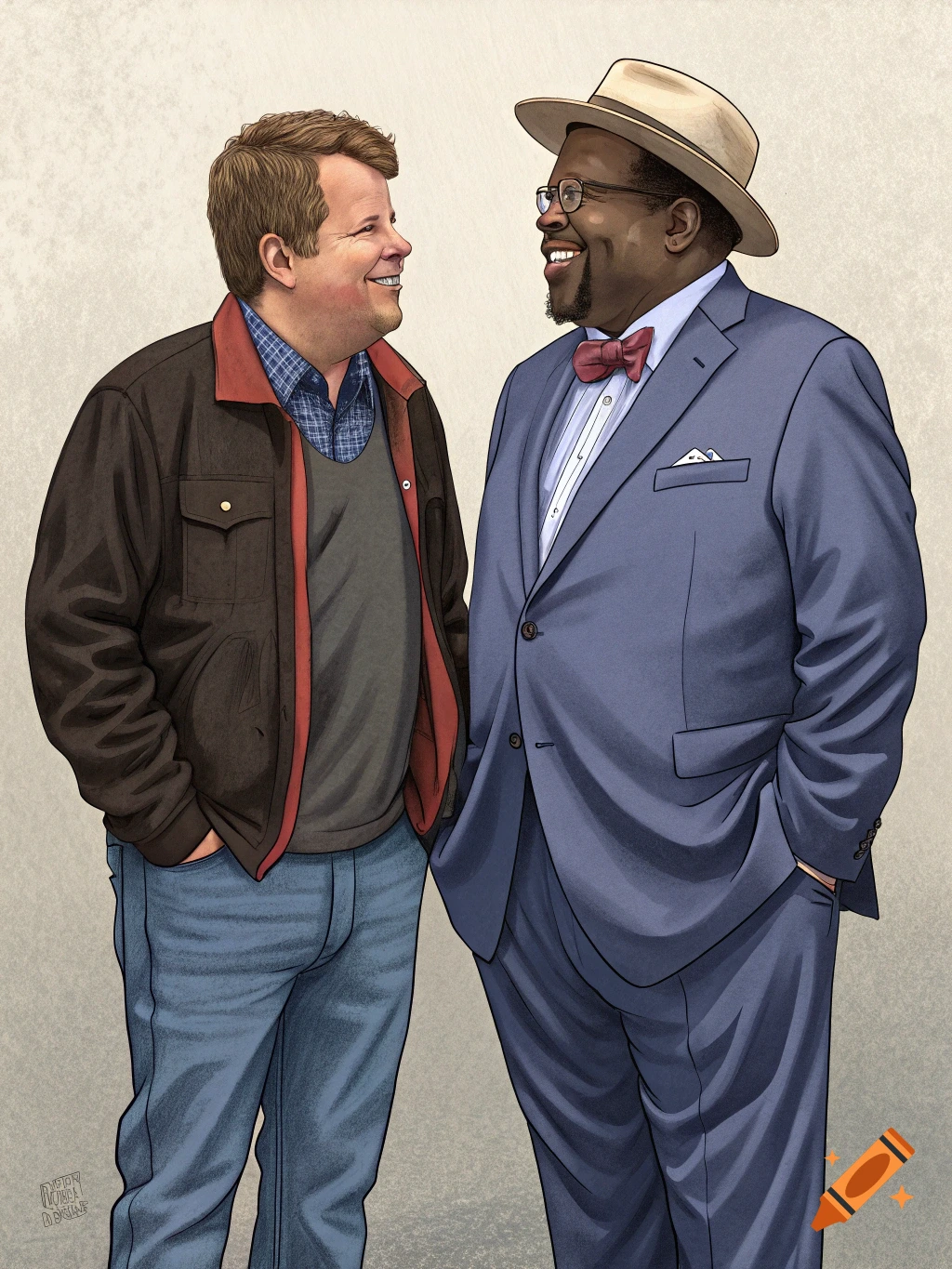 A stylized illustration depicting Jim Bob Duggar and Cedric the Entertainer standing and smiling, looking at each other.