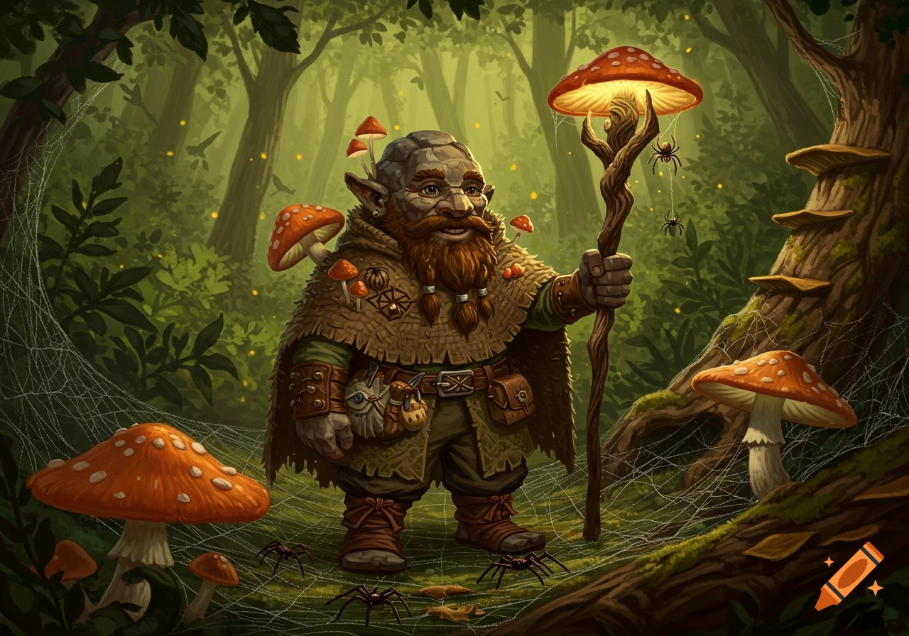 A detailed fantasy illustration of a bearded gnome druid in a forest, surrounded by large mushrooms, glowing fungi, and spiders. He holds a staff topped with a glowing mushroom.