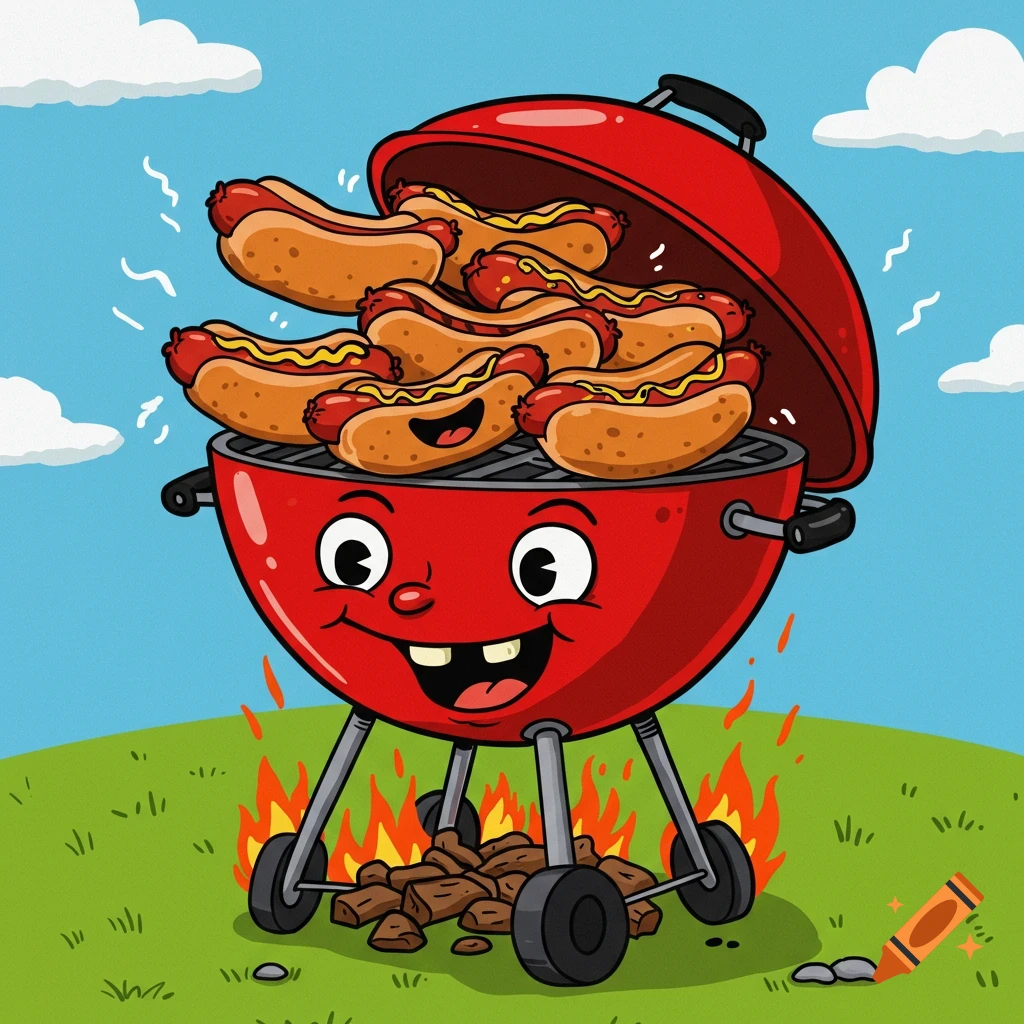A smiling red cartoon barbecue grill full of hotdogs, cooking over fire on green grass under a blue sky.