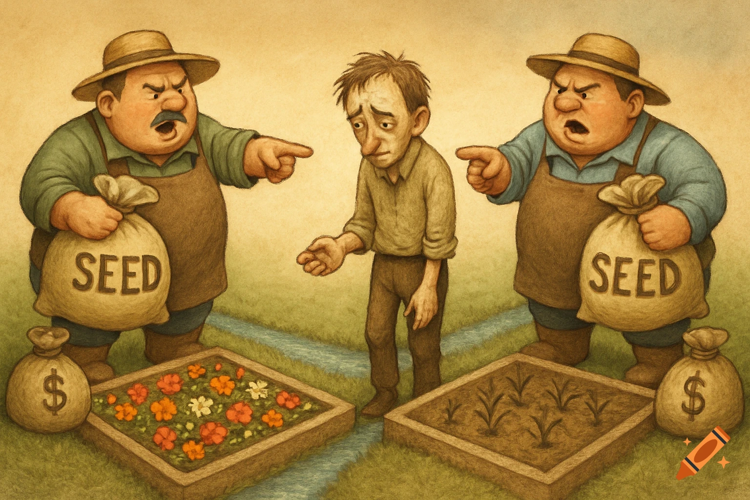 Two angry, plump gardeners holding seed bags point at a sad, thin man between a flourishing garden plot and a barren one, with money bags nearby. Illustrated style.