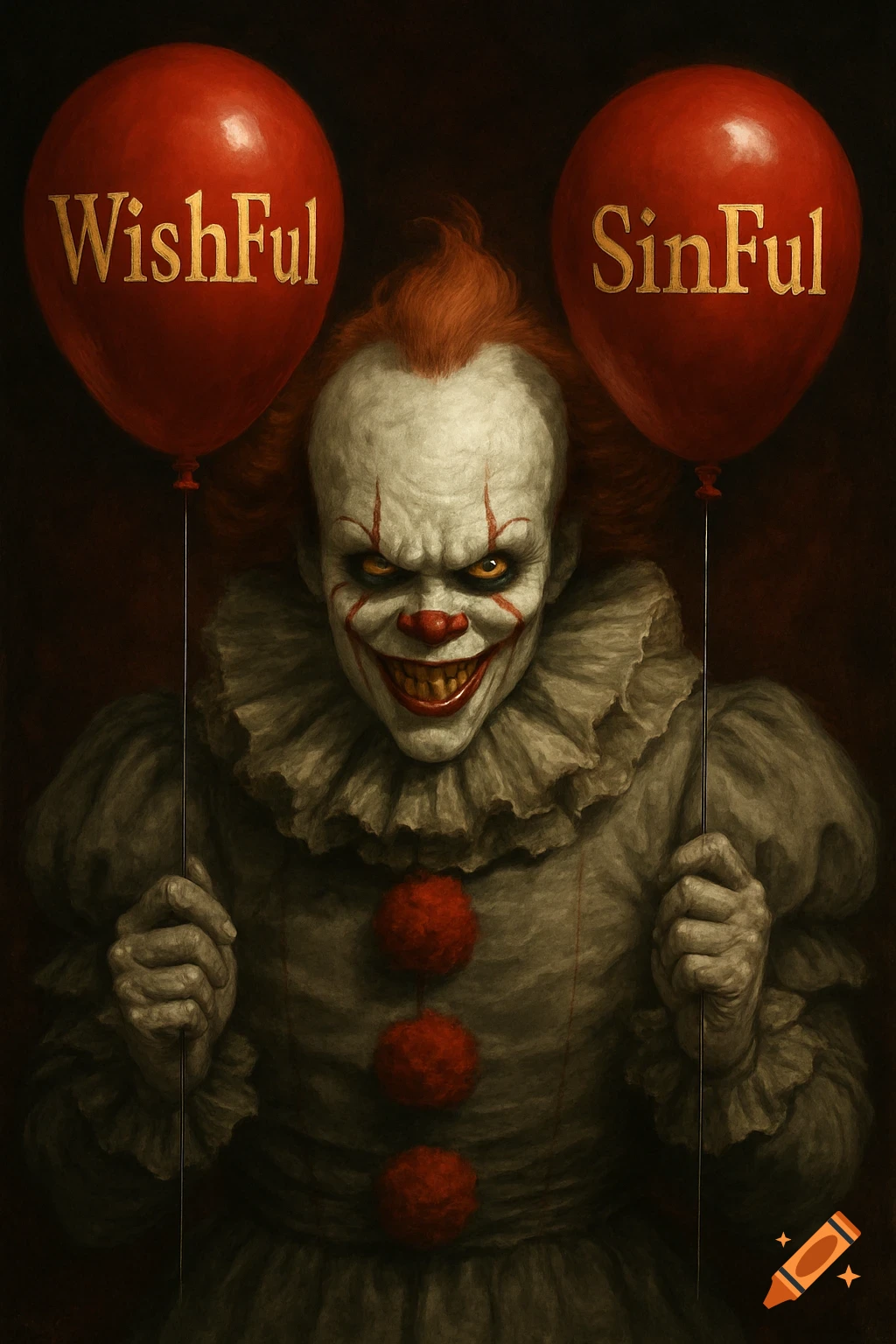 A menacing Pennywise the clown holds two red balloons, one labeled 'WishFul' and the other 'SinFul'. Dark, gritty art style.