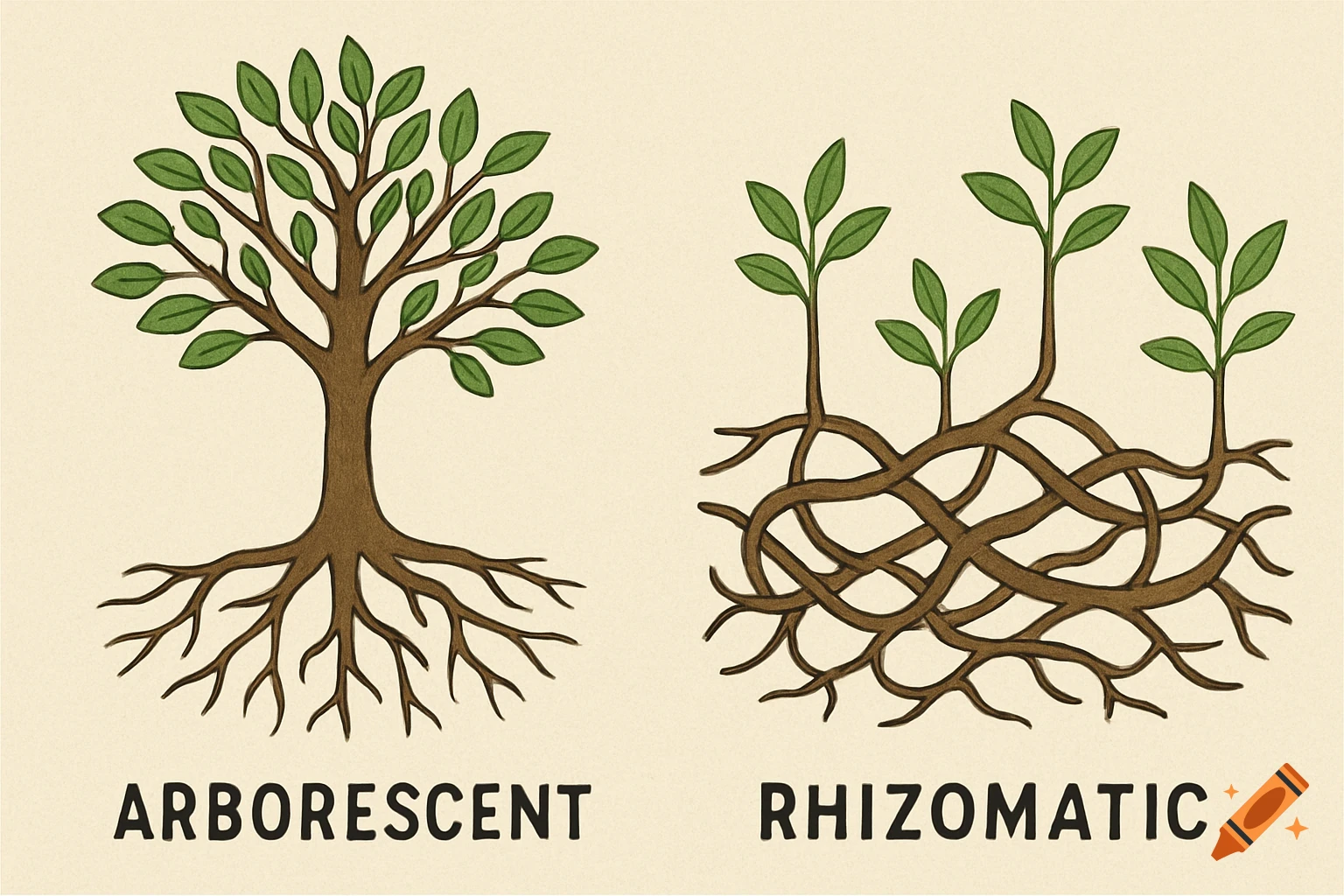 An illustration comparing an arborescent tree with a central root system to rhizomatic plants with interwoven roots.