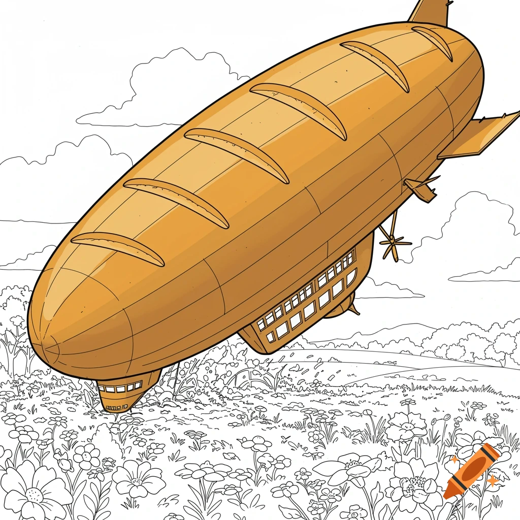 A baguette-shaped zeppelin flies low over a field of flowers under a cloudy sky in a coloring page style.