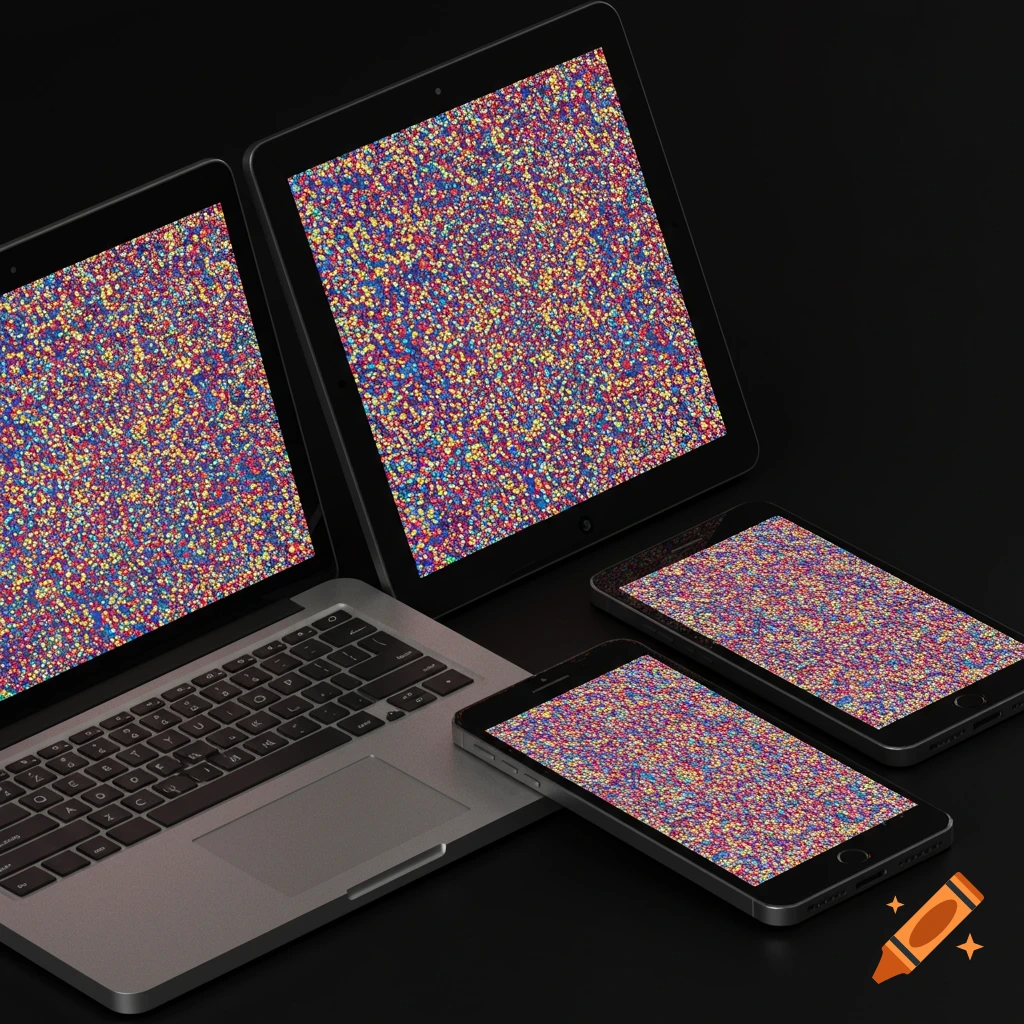 A laptop, a tablet, and two smartphones display colorful pixelated screens on a dark background.