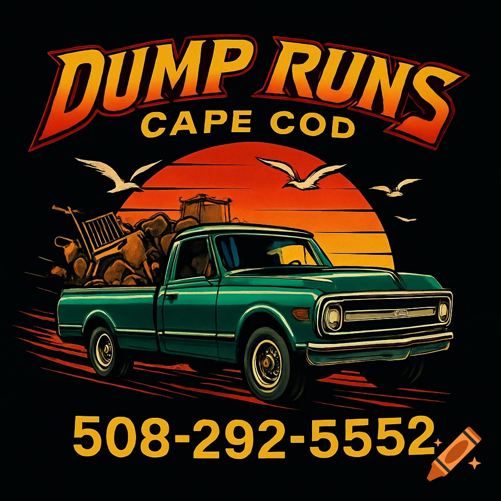 Retro logo for 'Dump Runs Cape Cod' with a green pickup truck full of junk, driving at sunset, seagulls flying, and phone number.