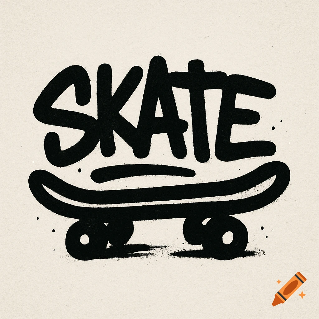 A black graffiti-style logo featuring the word SKATE above a skateboard silhouette on a light background.