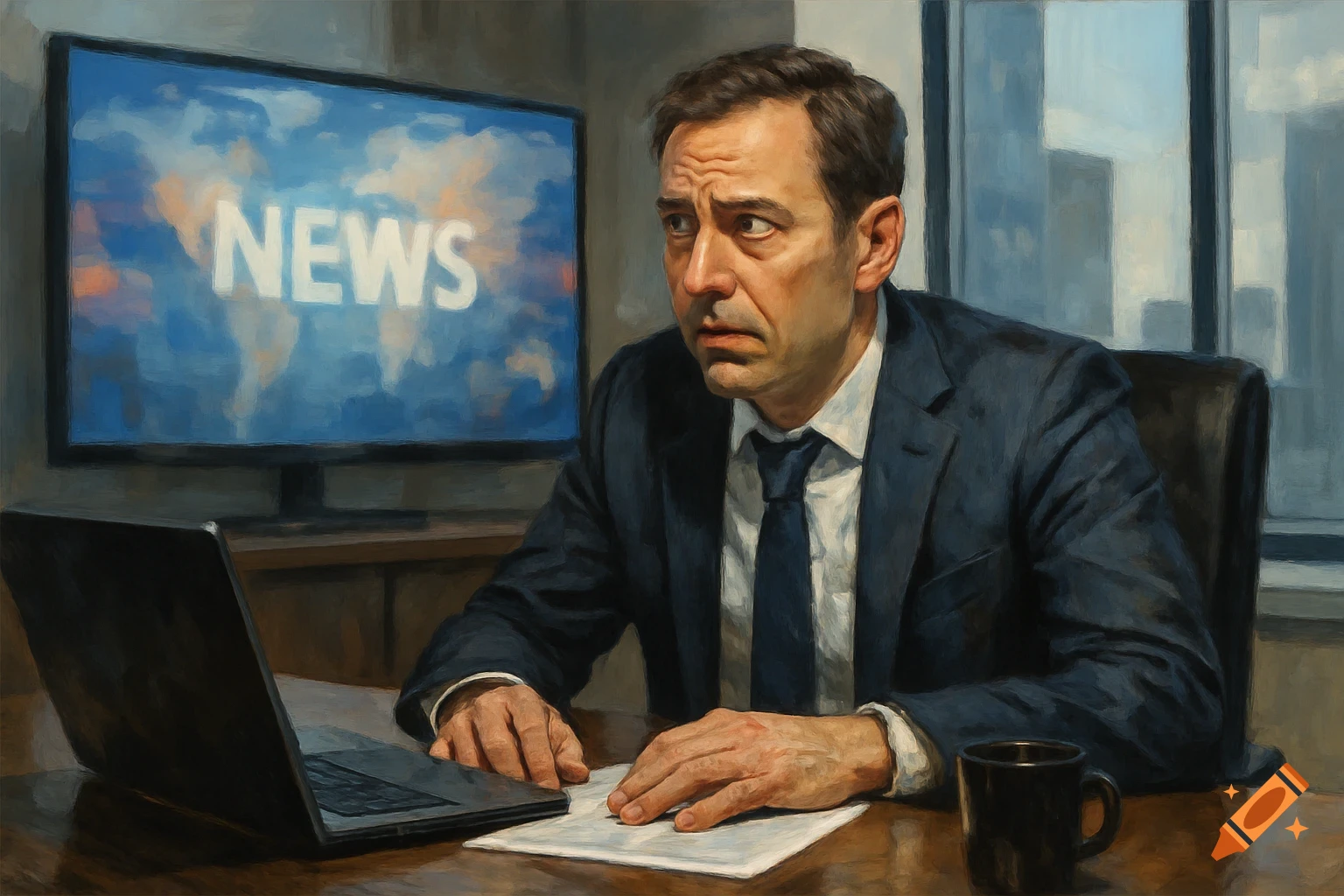 Painterly image of an anxious businessman at a desk, looking at a TV displaying 'NEWS' in an office.