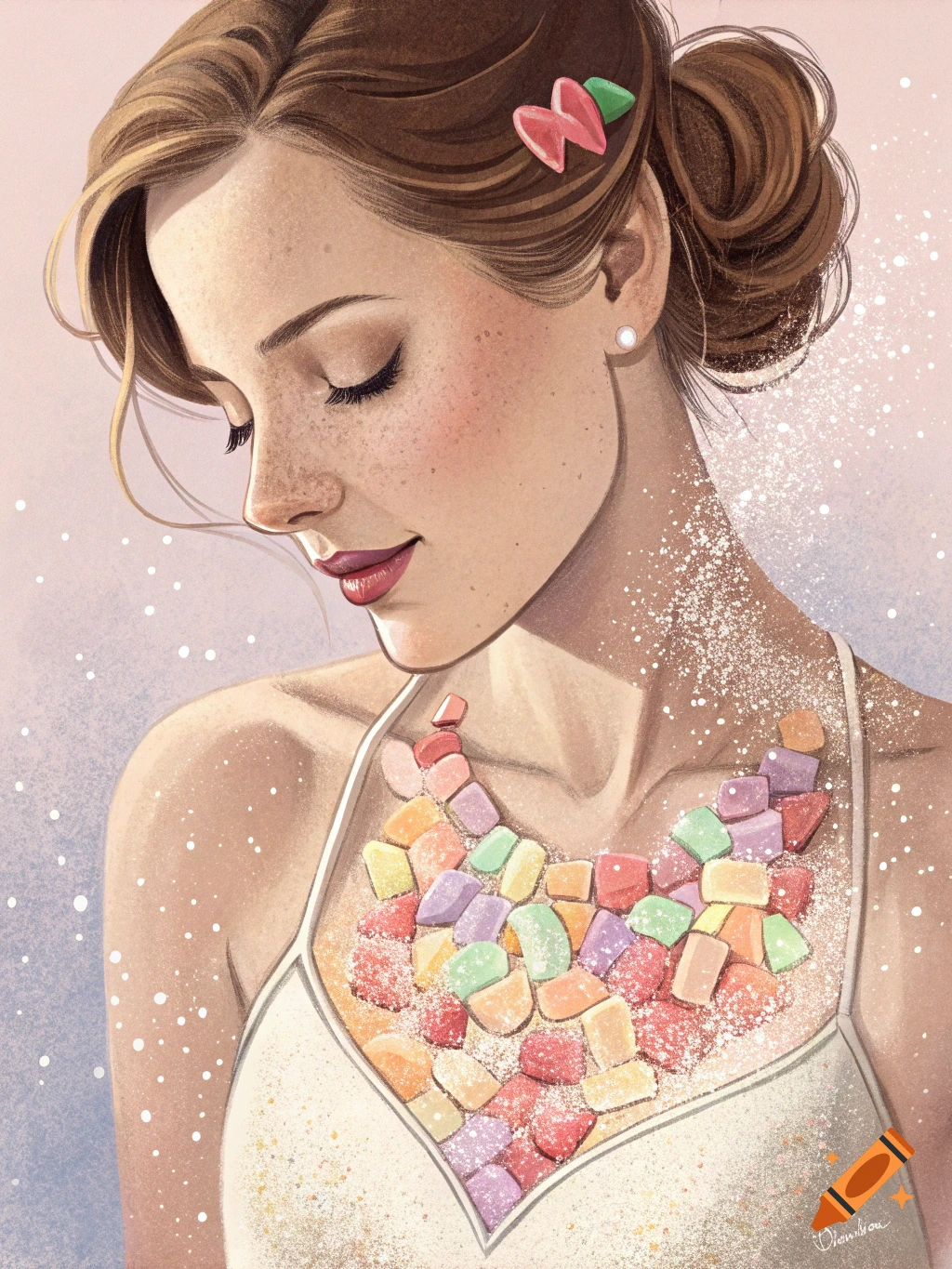 A stylized illustration of a woman looking down, with colorful candy and sugar on her chest.
