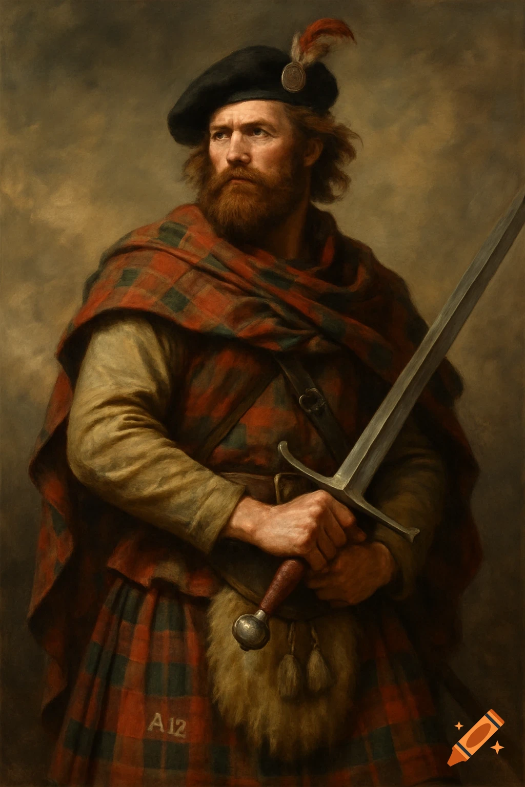 Oil painting of a bearded Scottish Highlander in tartan, holding a claymore, looking into the distance.