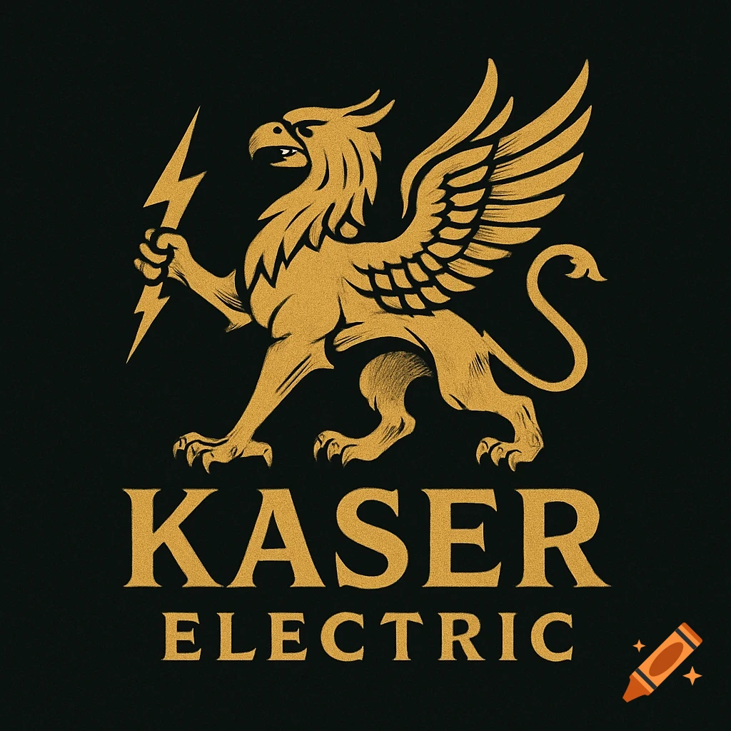 A gold griffin logo with a lightning bolt on a black background, with the words 'KASER ELECTRIC' below.