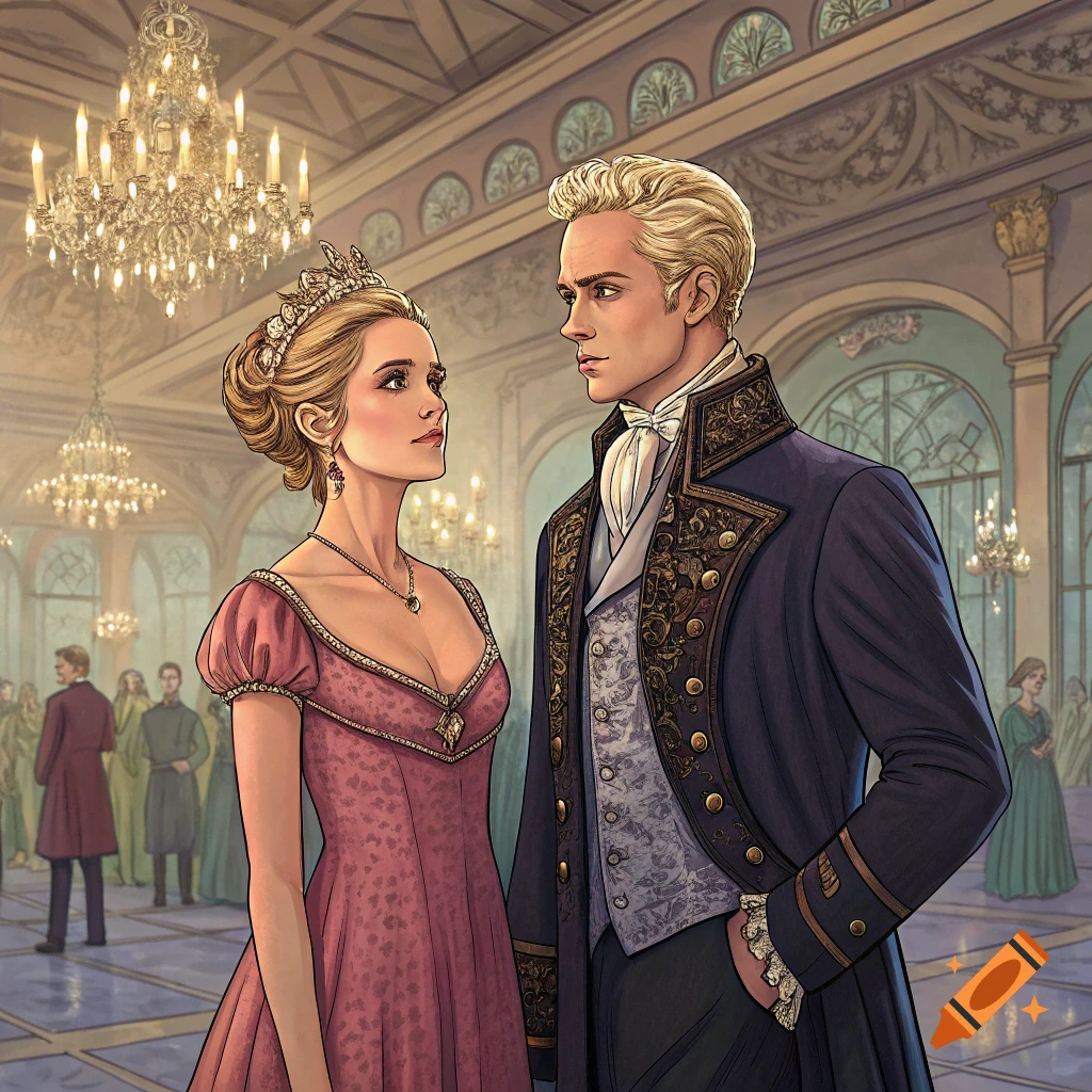 An illustration of a man and a woman in formal Regency-era attire looking at each other in a grand ballroom.