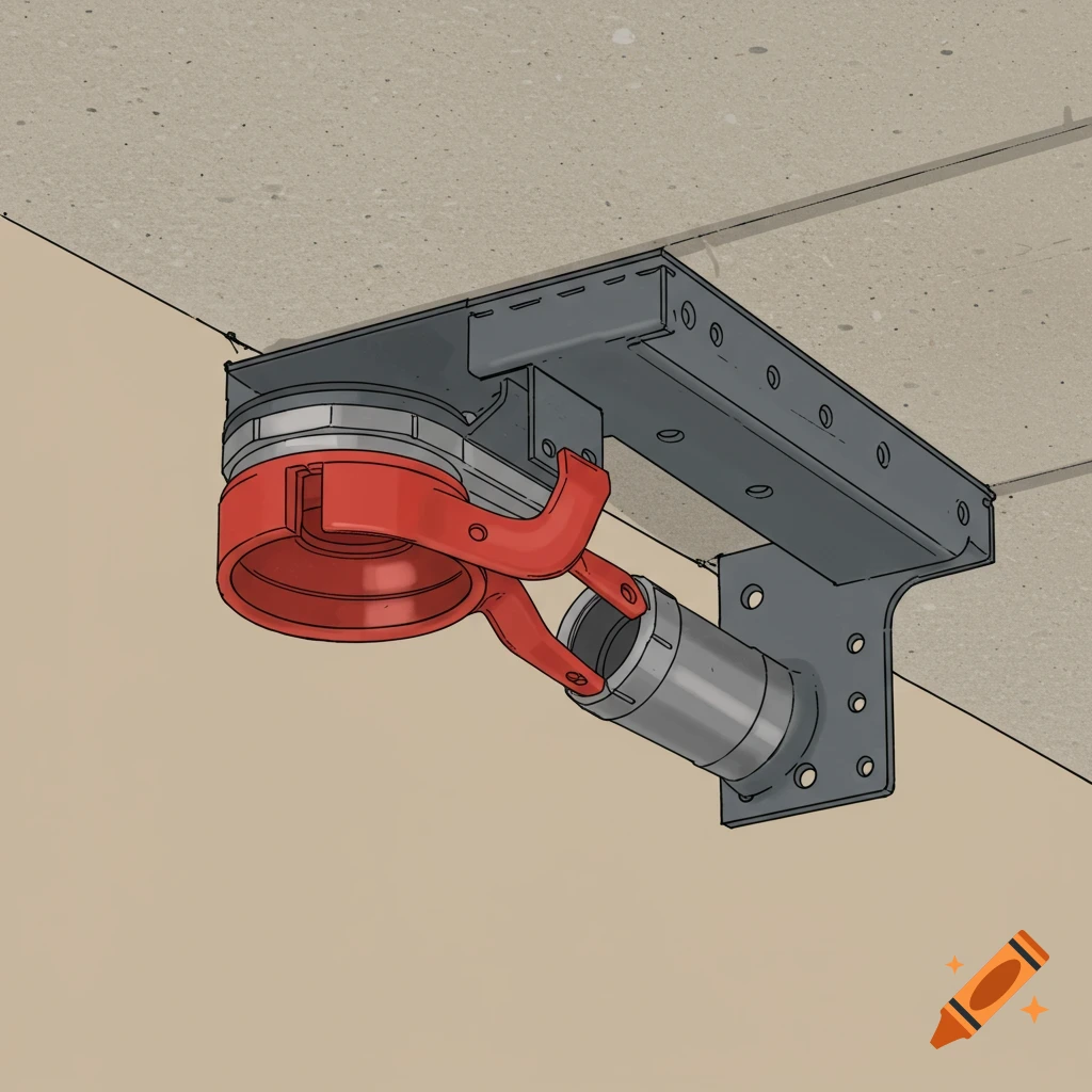 An illustration of a red fire protection snap collar connected to a grey L-angle bracket fixed to a concrete ceiling.