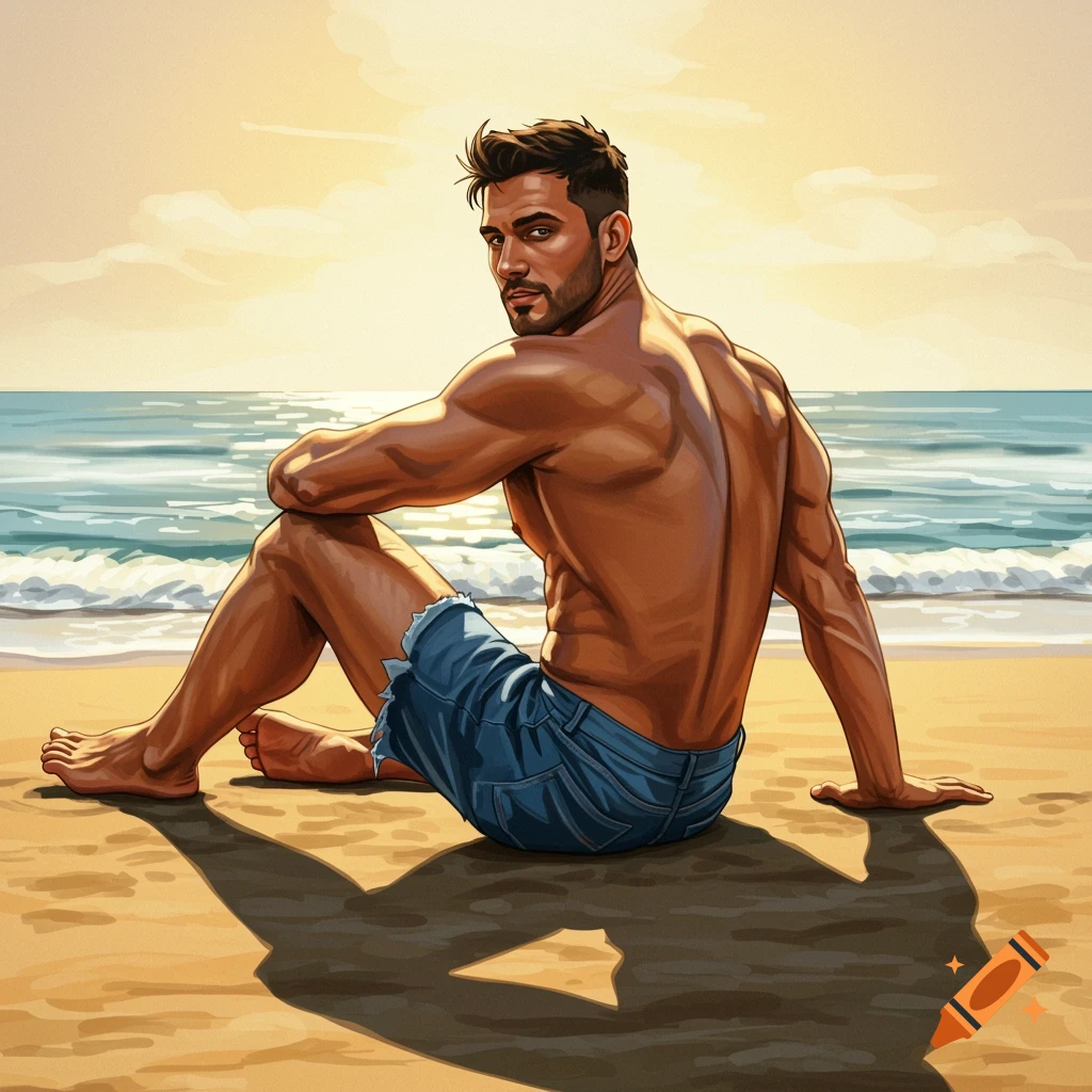 Muscular man sitting on a sandy beach looking over his shoulder at sunset.
