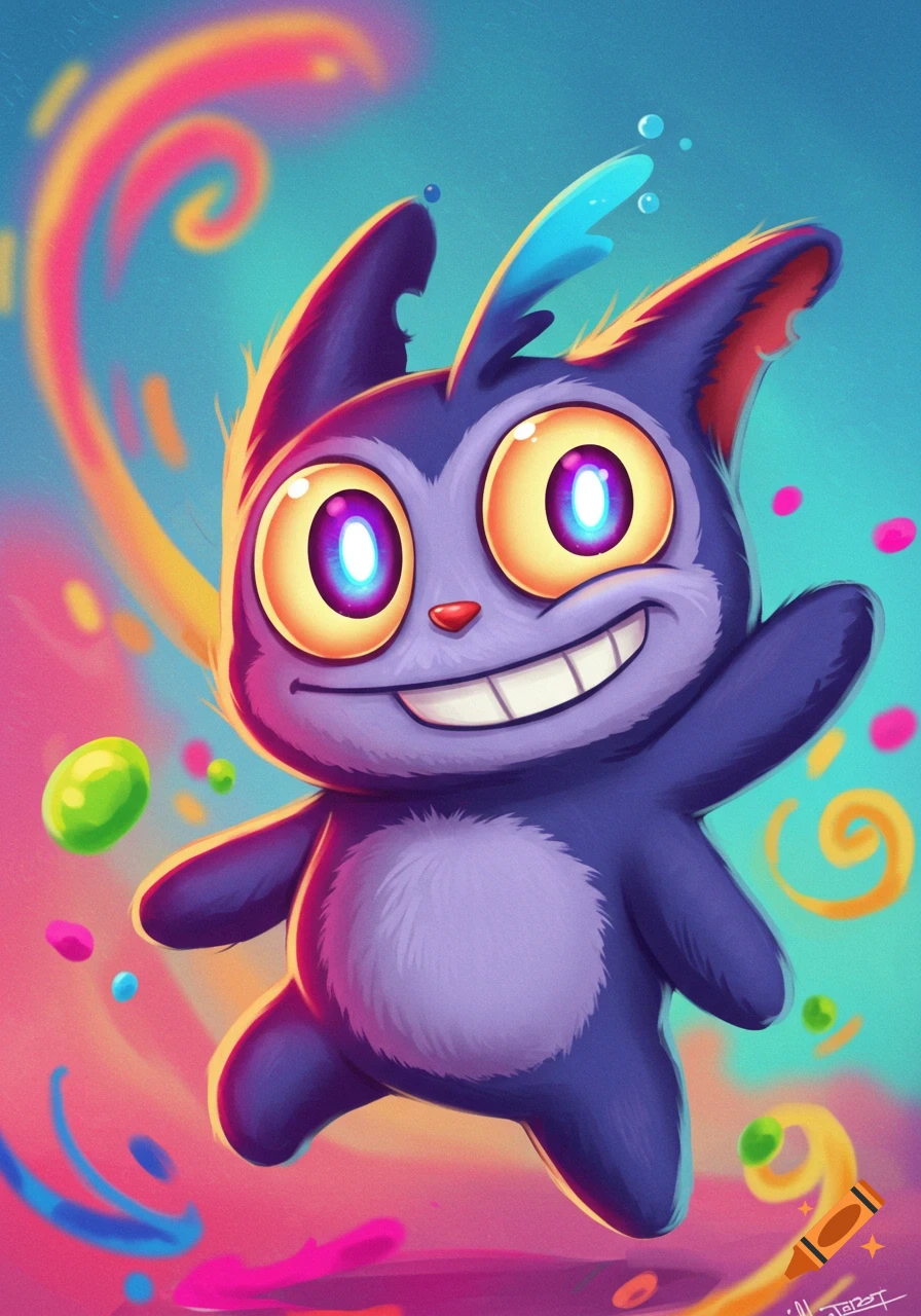 A vibrant, cartoonish purple creature with large, glowing eyes and a wide smile waves its hand against a colorful, abstract background.