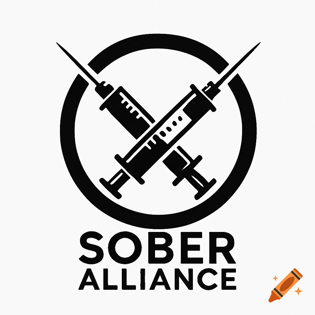 A black and white logo featuring two crossed syringes within a circle, above the words "SOBER ALLIANCE".