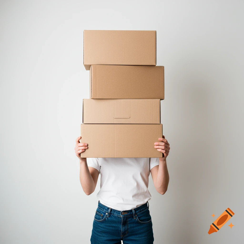 A person in a white shirt and blue jeans holds a stack of four blank cardboard boxes covering their face in a bright studio.