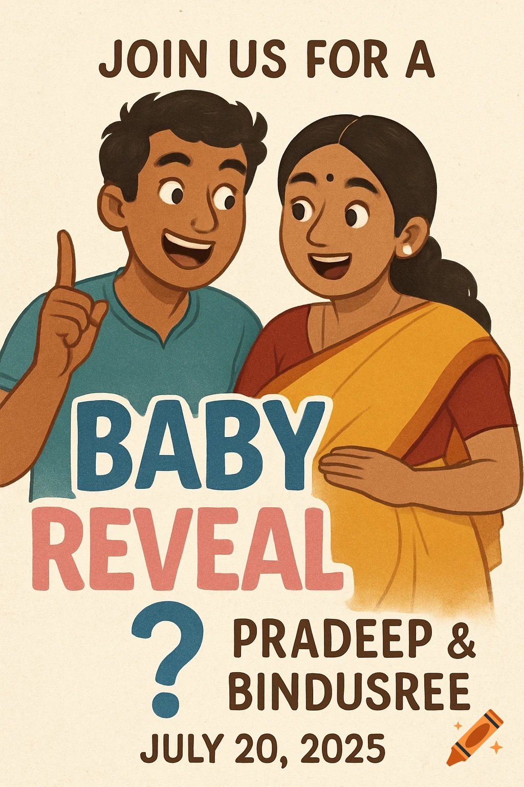 An illustration of a smiling Indian couple, a man pointing up and a pregnant woman, on a baby reveal invitation card. Text reads "JOIN US FOR A BABY REVEAL? PRADEEP & BINDUSREE JULY 20, 2025".