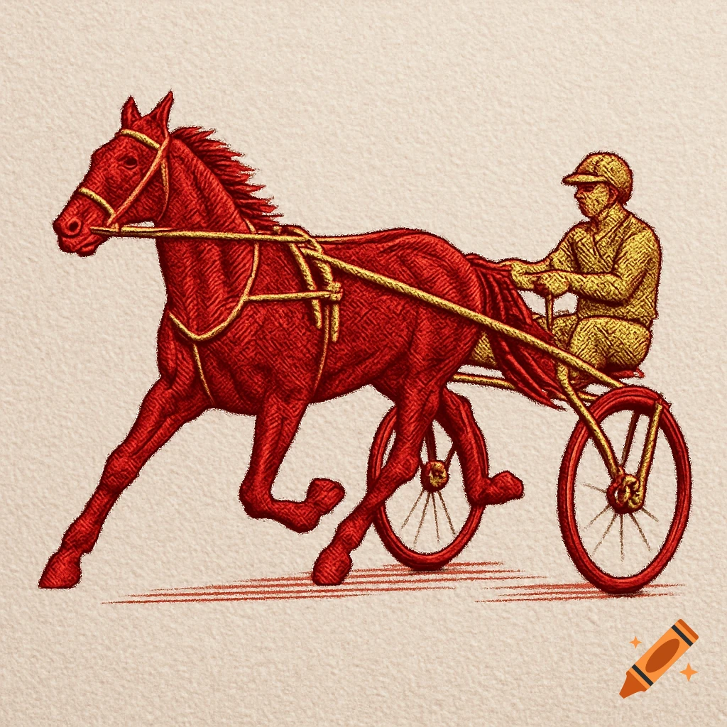 Embroidery illustration of a red horse pulling a sulky with a driver in gold.