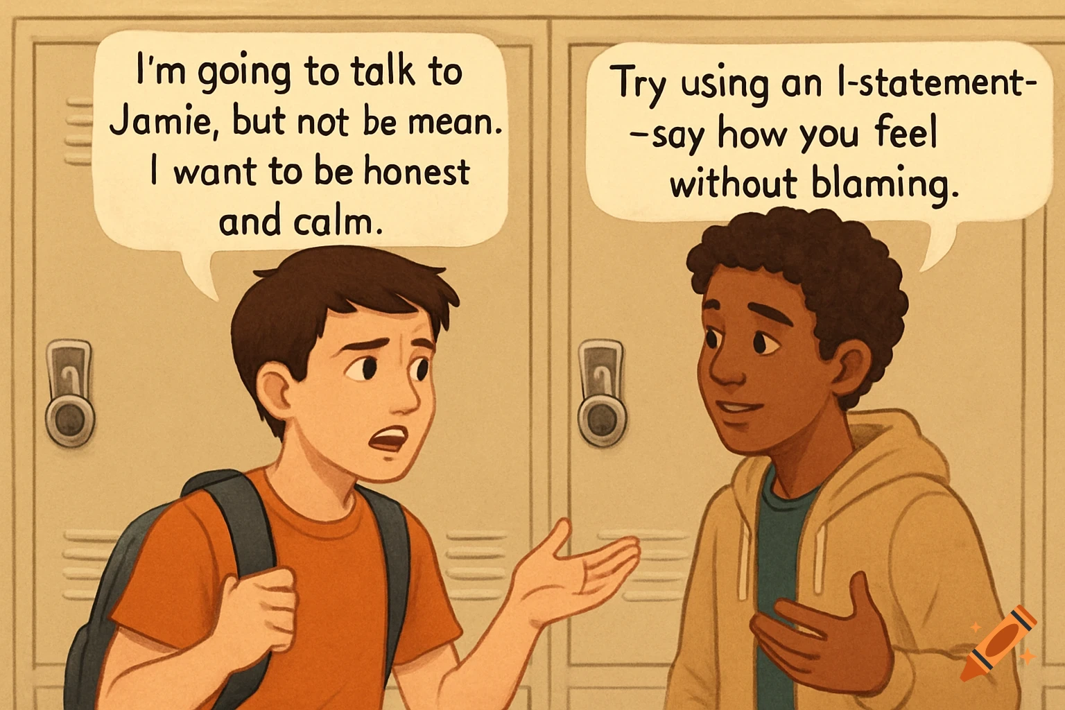 Two boys talk in a school hallway in front of lockers, with speech bubbles showing their conversation.