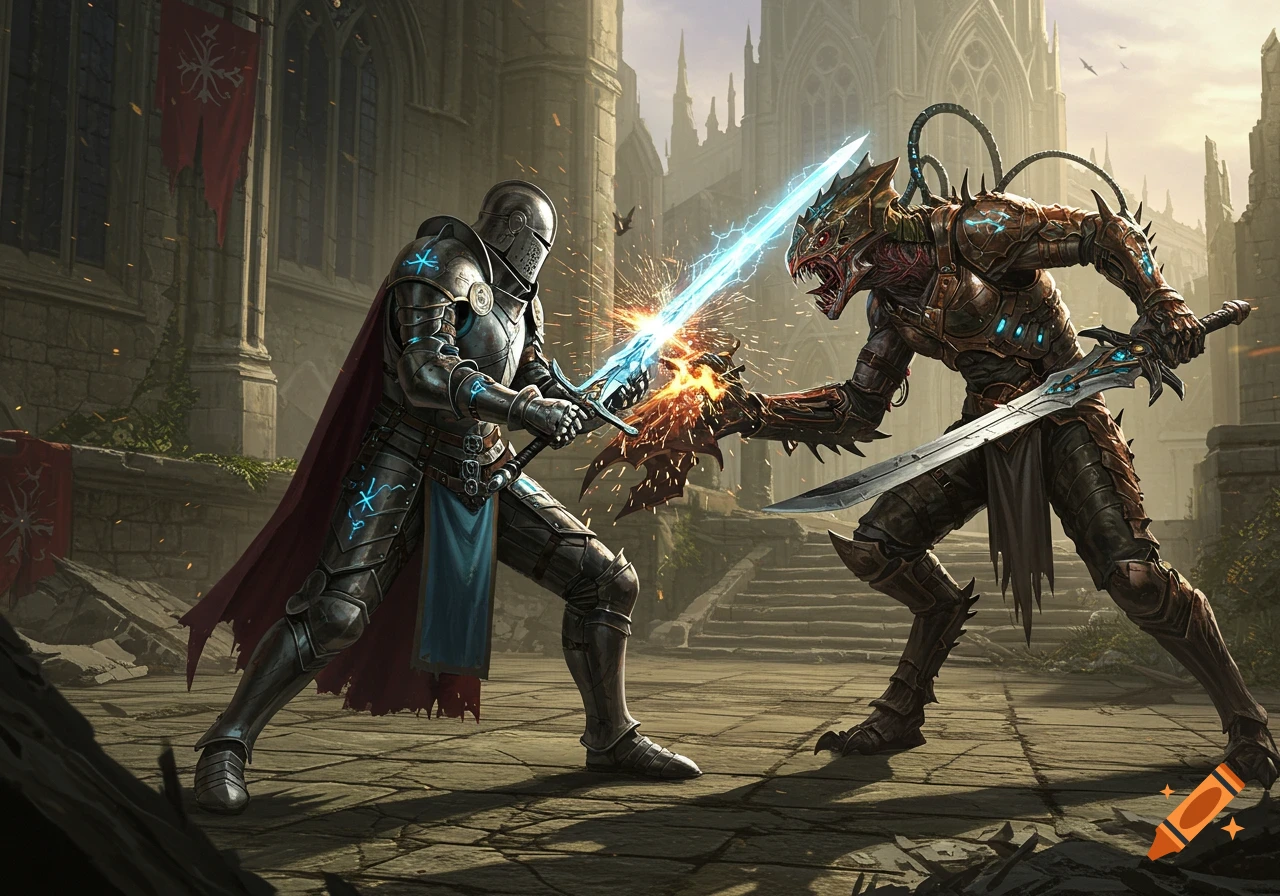 Cinematic digital painting of a knight fighting a monstrous alien with swords in a ruined castle courtyard.