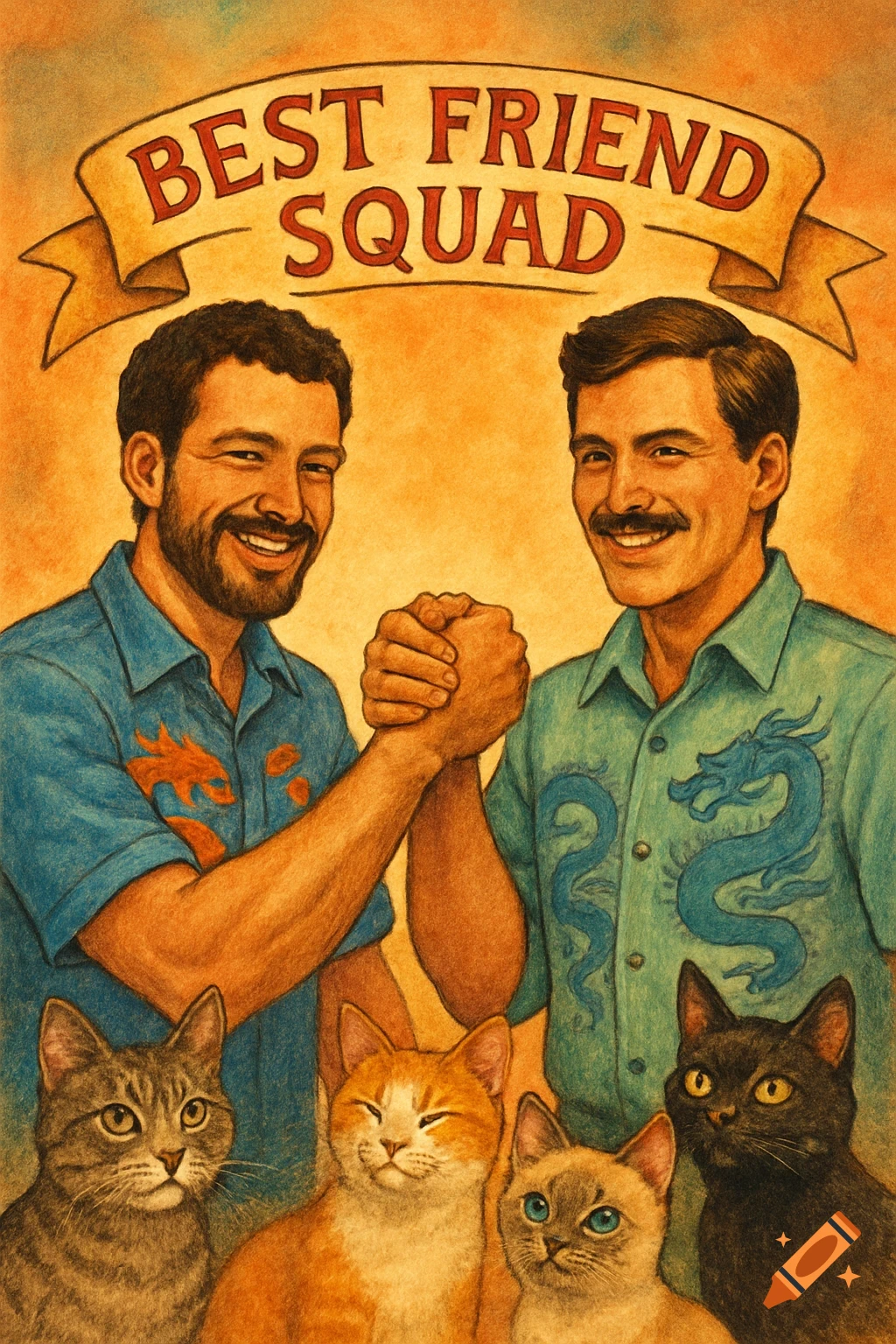 Two smiling men in button-up shirts with dragon designs shake hands, surrounded by four cats. A banner above reads "BEST FRIEND SQUAD." Illustrated in a retro style.
