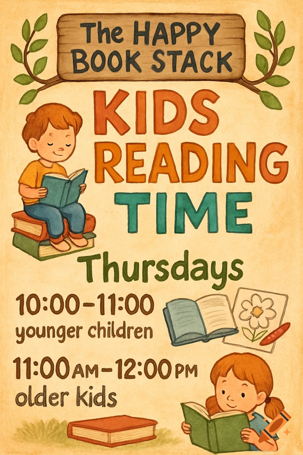 Whimsical watercolor poster for a kids reading event, showing children with books, and details for "The Happy Book Stack Kids Reading Time".