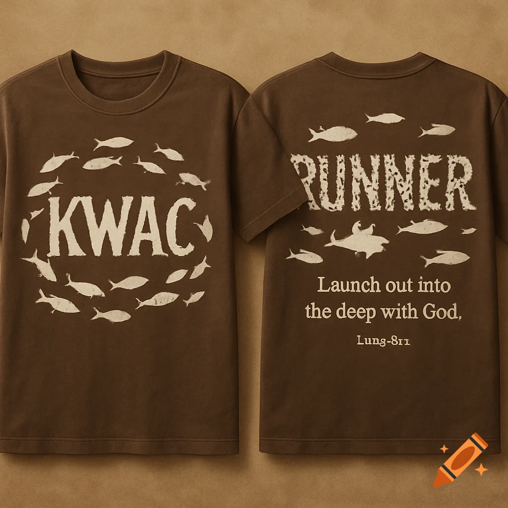 Two realistic brown t-shirts. The front t-shirt says 'KWAC' encircled by white fish. The back t-shirt says 'RUNNER' above a school of white fish and the text 'Launch out into the deep with God, Lung-811'.