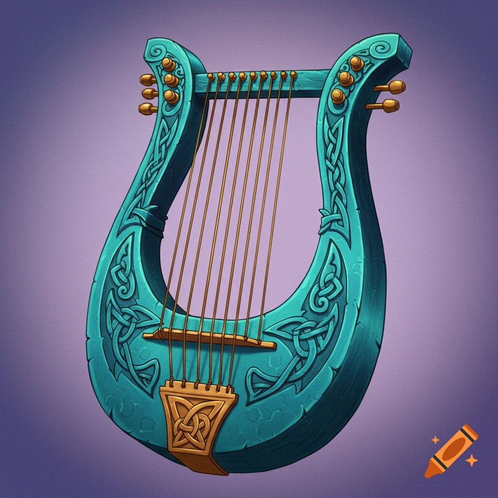 A stylized teal lyre with intricate gold Celtic knot patterns and golden strings, against a purple background.