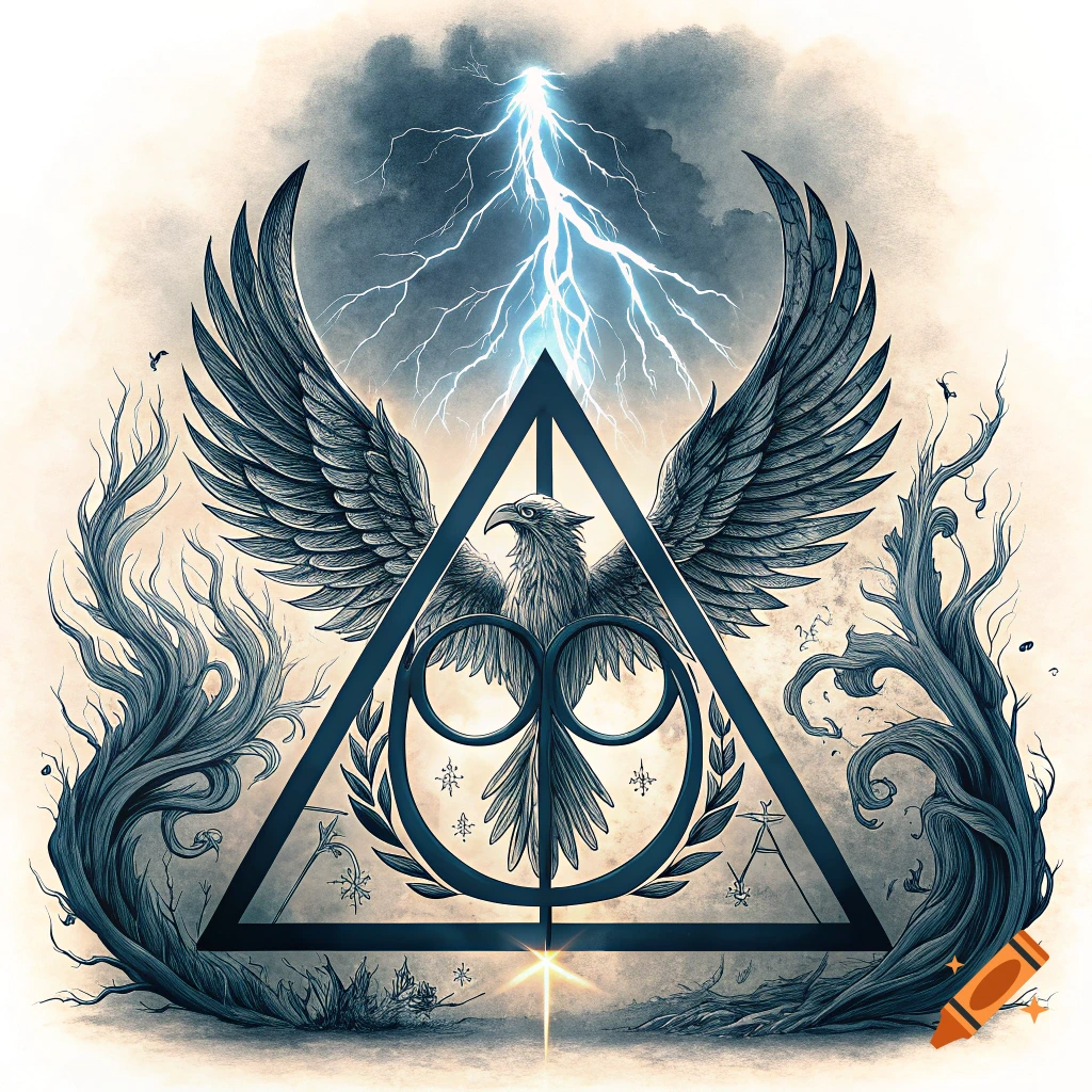 Stylized emblem with an eagle inside a triangle, with lightning striking from clouds above and gnarled roots on the sides.