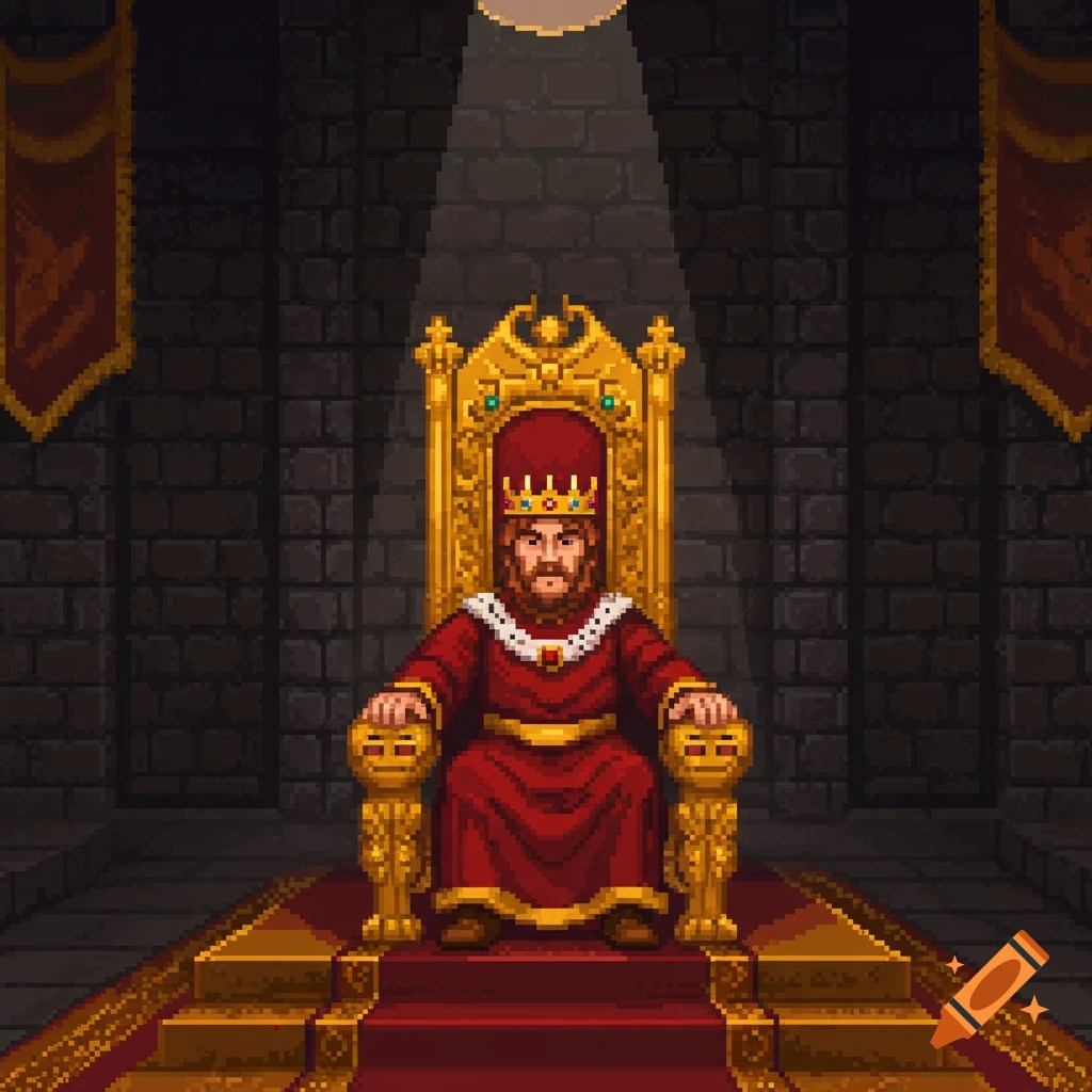 A pixel art king sits on a golden throne in a dark, stone-walled castle room, illuminated by a spotlight.