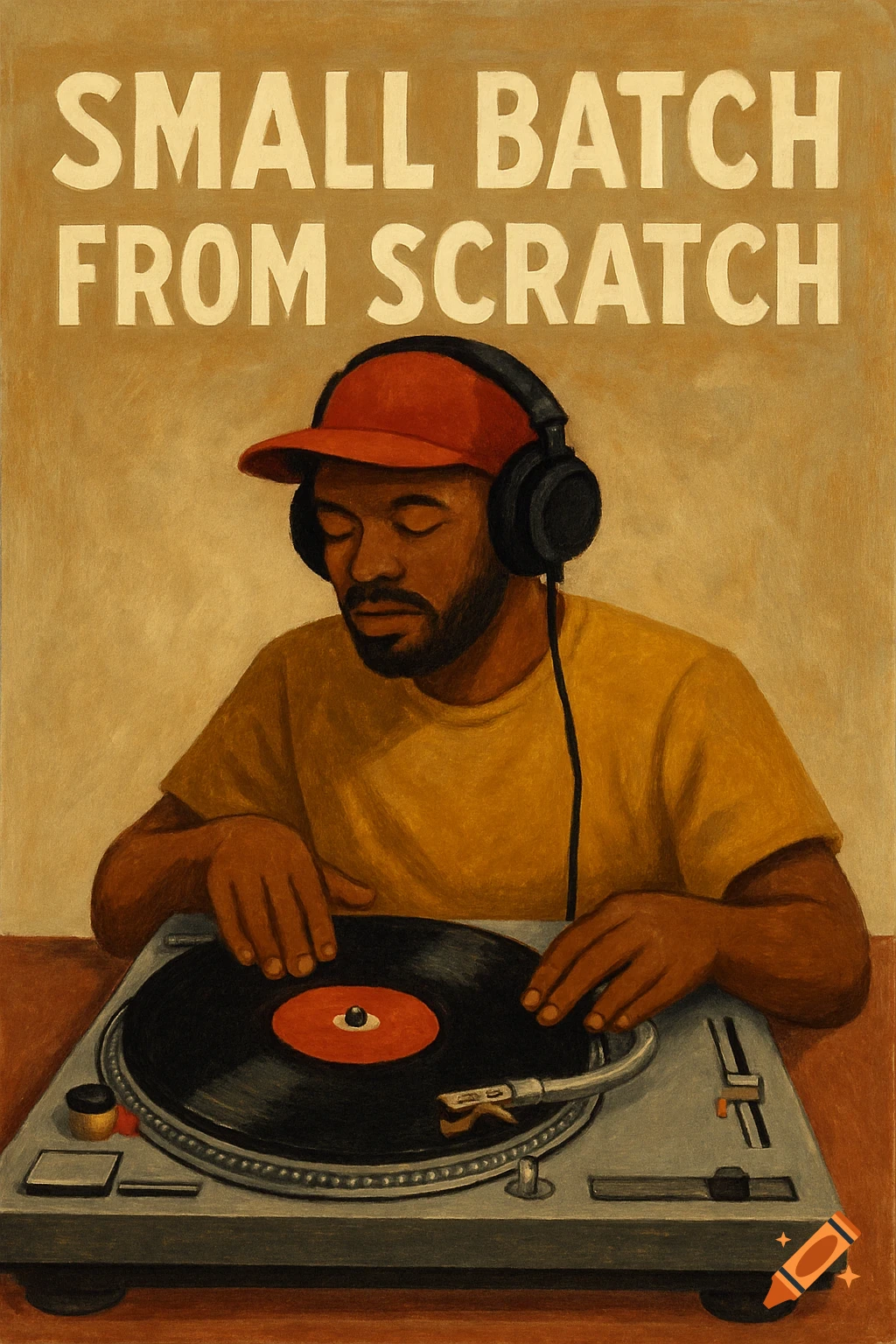 An illustration of a DJ in a red cap and headphones mixing on a turntable, with 'SMALL BATCH FROM SCRATCH' text above.