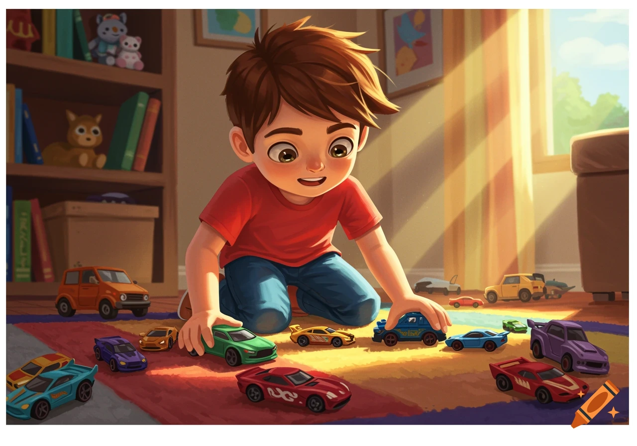 A cartoonish illustration of a boy playing with many toy cars on a colorful rug in a sunlit room.