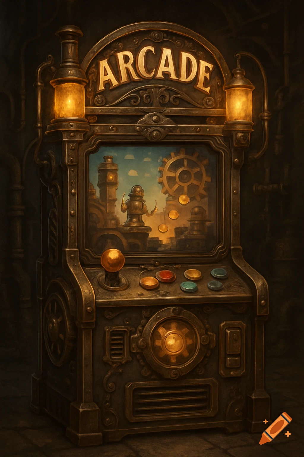 Steampunk-themed arcade game machine with 'ARCADE' sign, glowing lanterns, and a screen displaying a robot in a cog landscape.