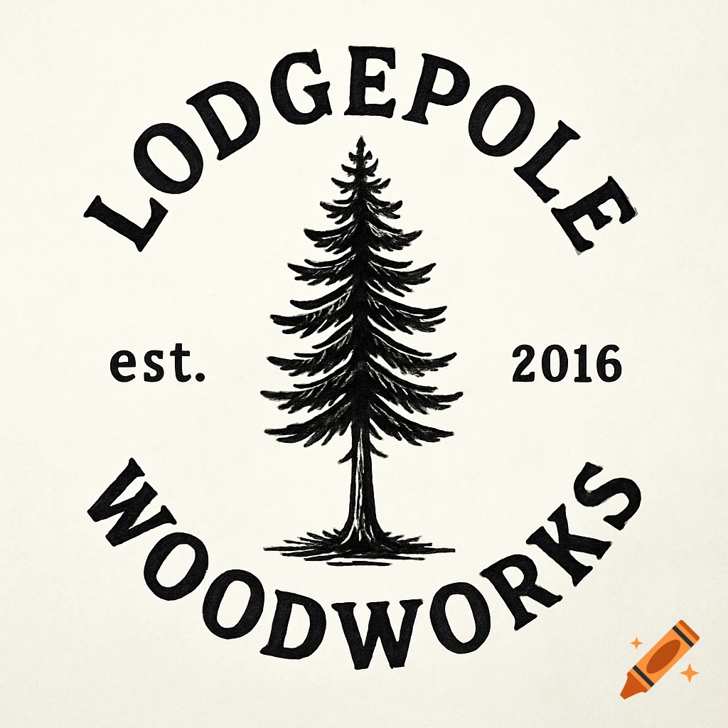 A black and white logo featuring a lodgepole pine tree in the center, encircled by 'LODGEPOLE' and 'WOODWORKS', with 'est. 2016'.