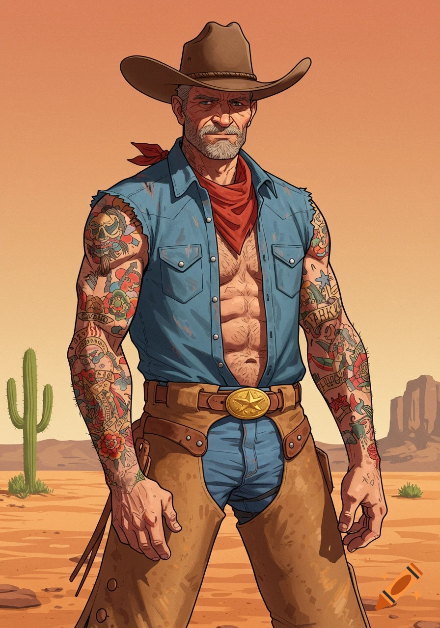An illustrated tattooed cowboy in a blue shirt and chaps stands in a desert with a cactus.