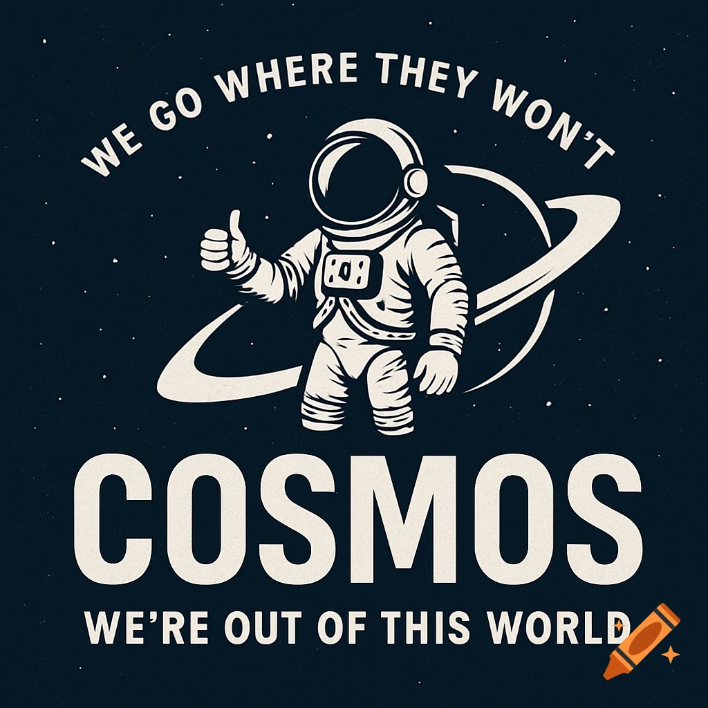 Astronaut giving a thumbs up in space with text 'WE GO WHERE THEY WON'T, COSMOS WE'RE OUT OF THIS WORLD' in a vintage graphic style.