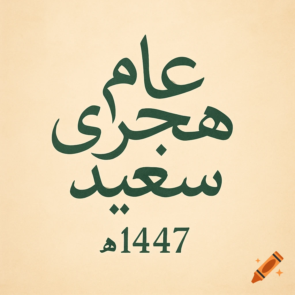 Elegant dark green Arabic calligraphy on a light beige background wishing a happy Hijri New Year for 1447.