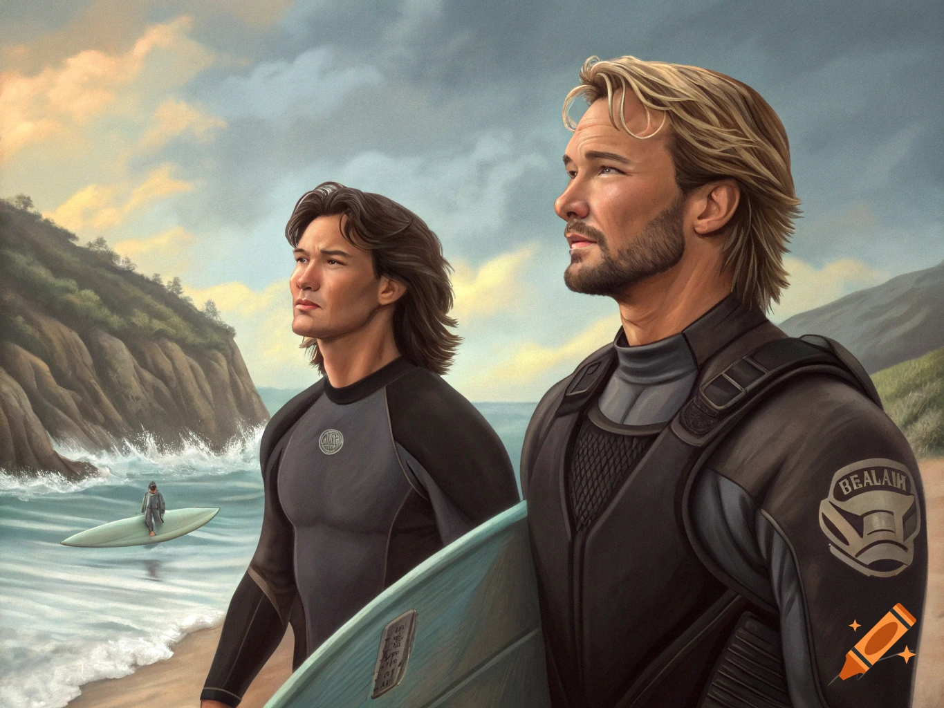 Two men resembling Keanu Reeves and Patrick Swayze in wetsuits stand on a beach with surfboards, looking out at the ocean, in a renaissance painting style.