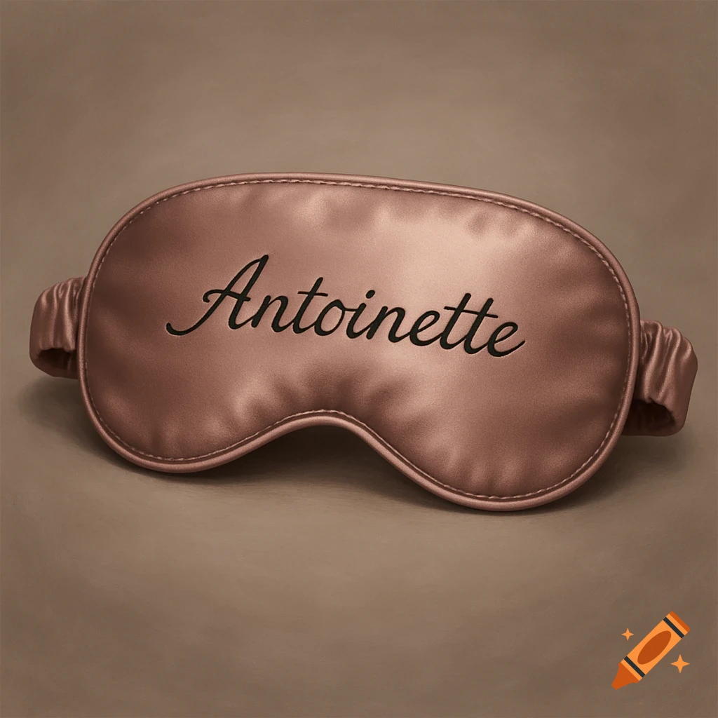 A close-up of a rose gold satin sleep mask with 'Antoinette' embroidered in black cursive on it, against a plain background.