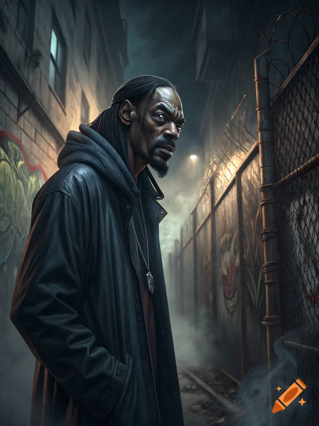 Stylized image of Snoop Dogg in a dark, smoky urban alley, looking intently with glowing eyes.