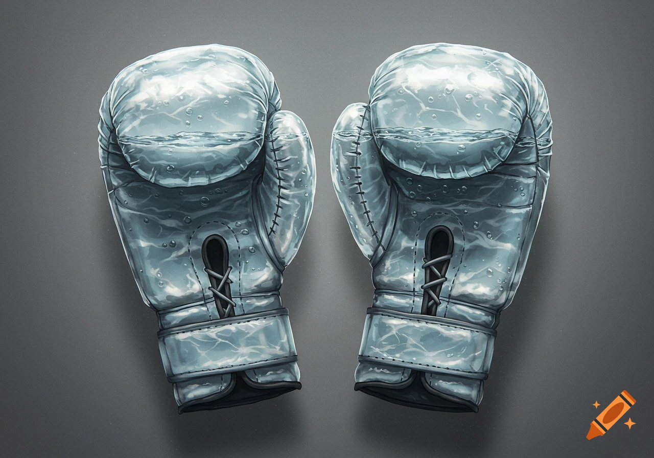 Two boxing gloves made of translucent water, detailed illustration on a grey background.