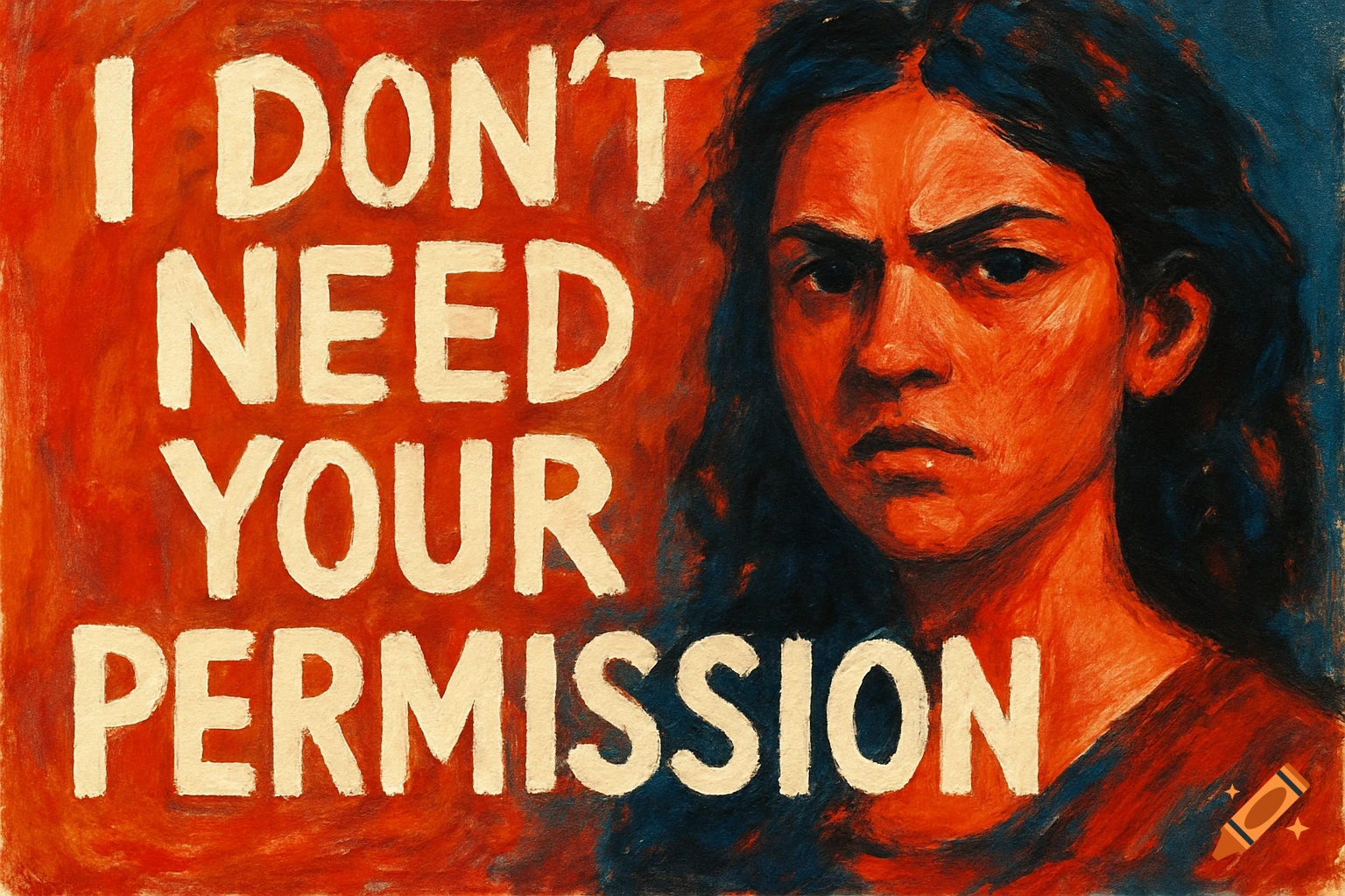 A painting of a woman with a determined expression next to bold text that reads 'I DON'T NEED YOUR PERMISSION' on a red background.