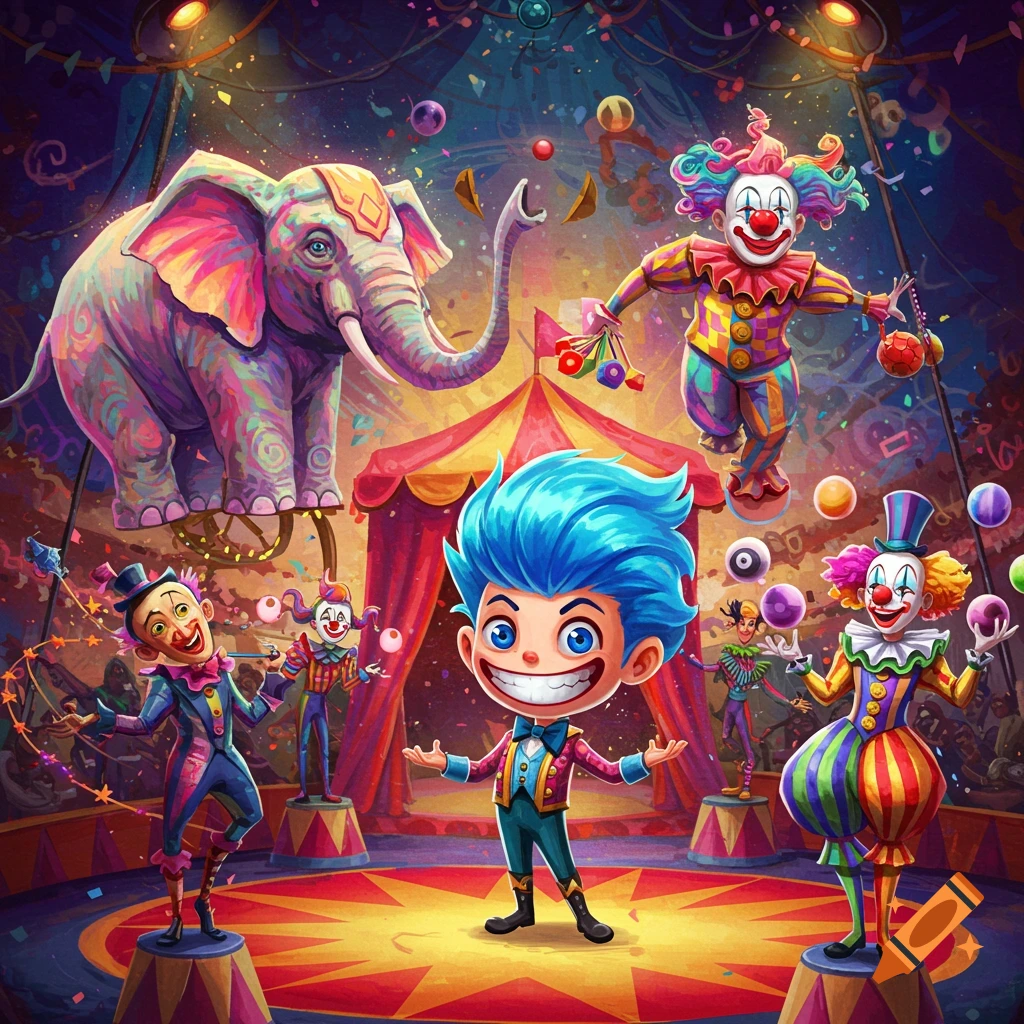 A vibrant cartoon illustration of a circus scene with an elephant, several colorful clowns, and a boy with blue hair in the center.